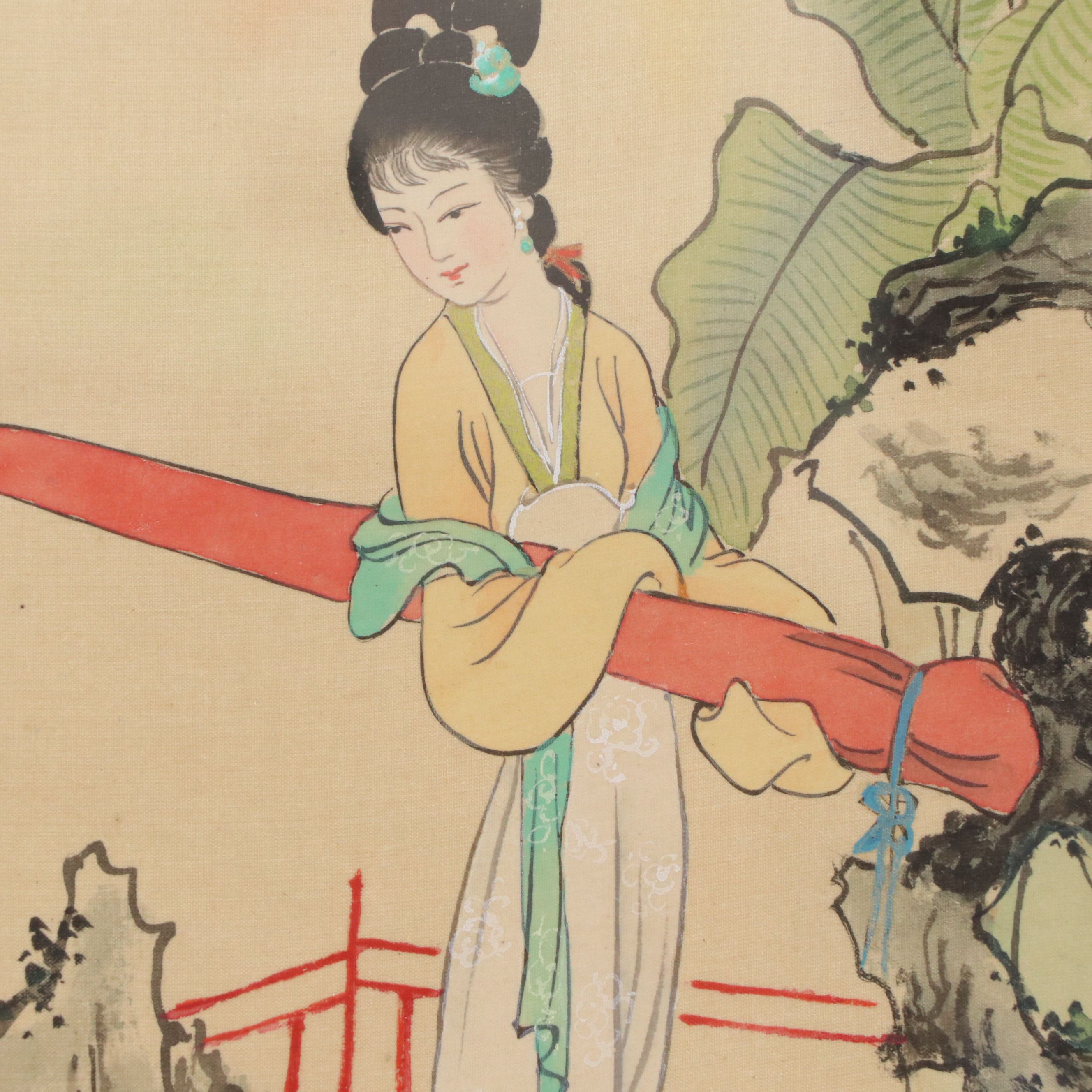 Chinese Hand-Painted Silk Panels Depicting Women in Landscapes