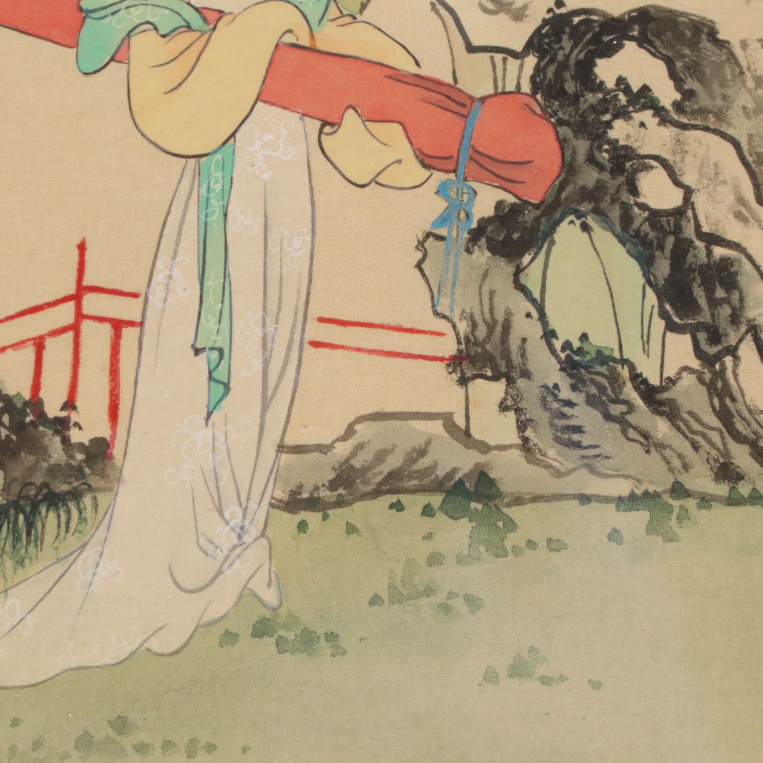 Chinese Hand-Painted Silk Panels Depicting Women in Landscapes