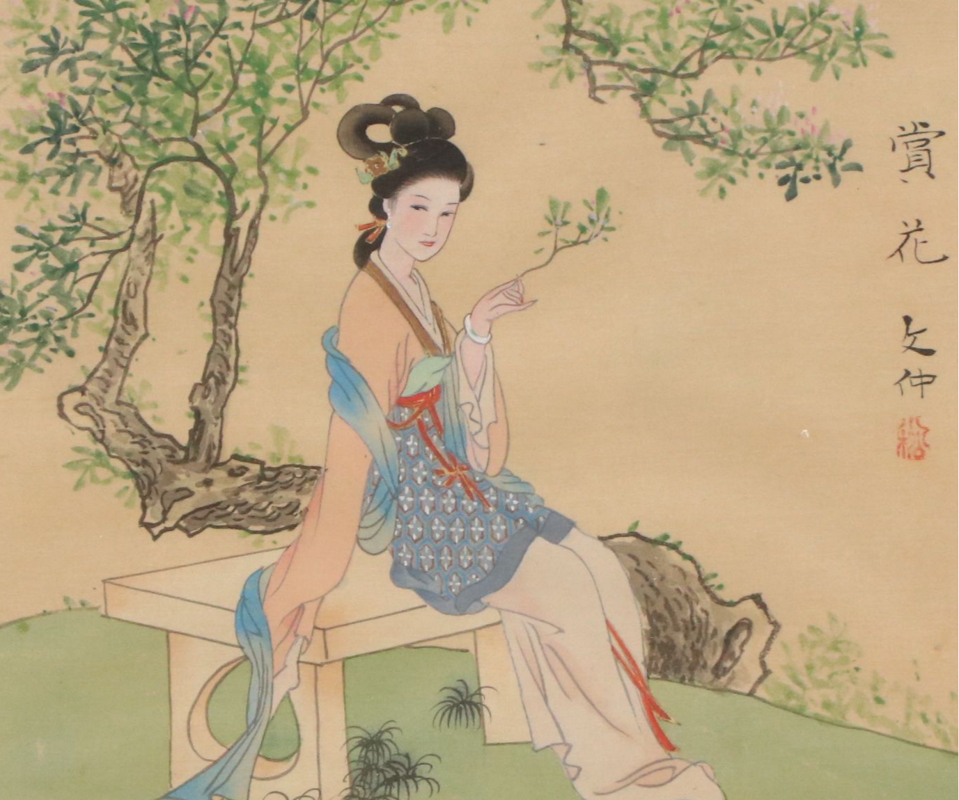 Chinese Hand-Painted Silk Panels Depicting Women in Landscapes