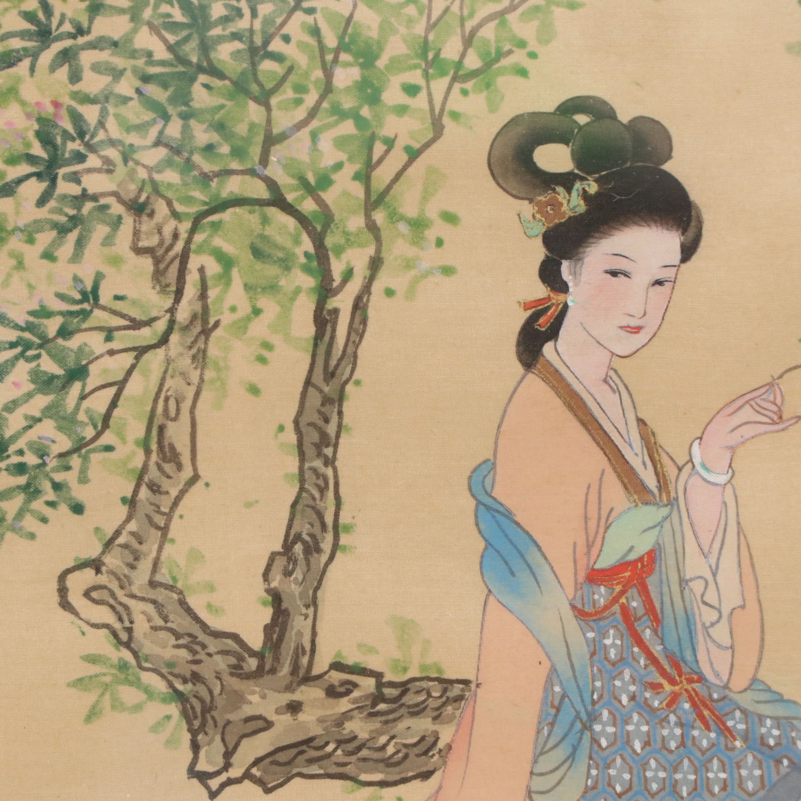 Chinese Hand-Painted Silk Panels Depicting Women in Landscapes