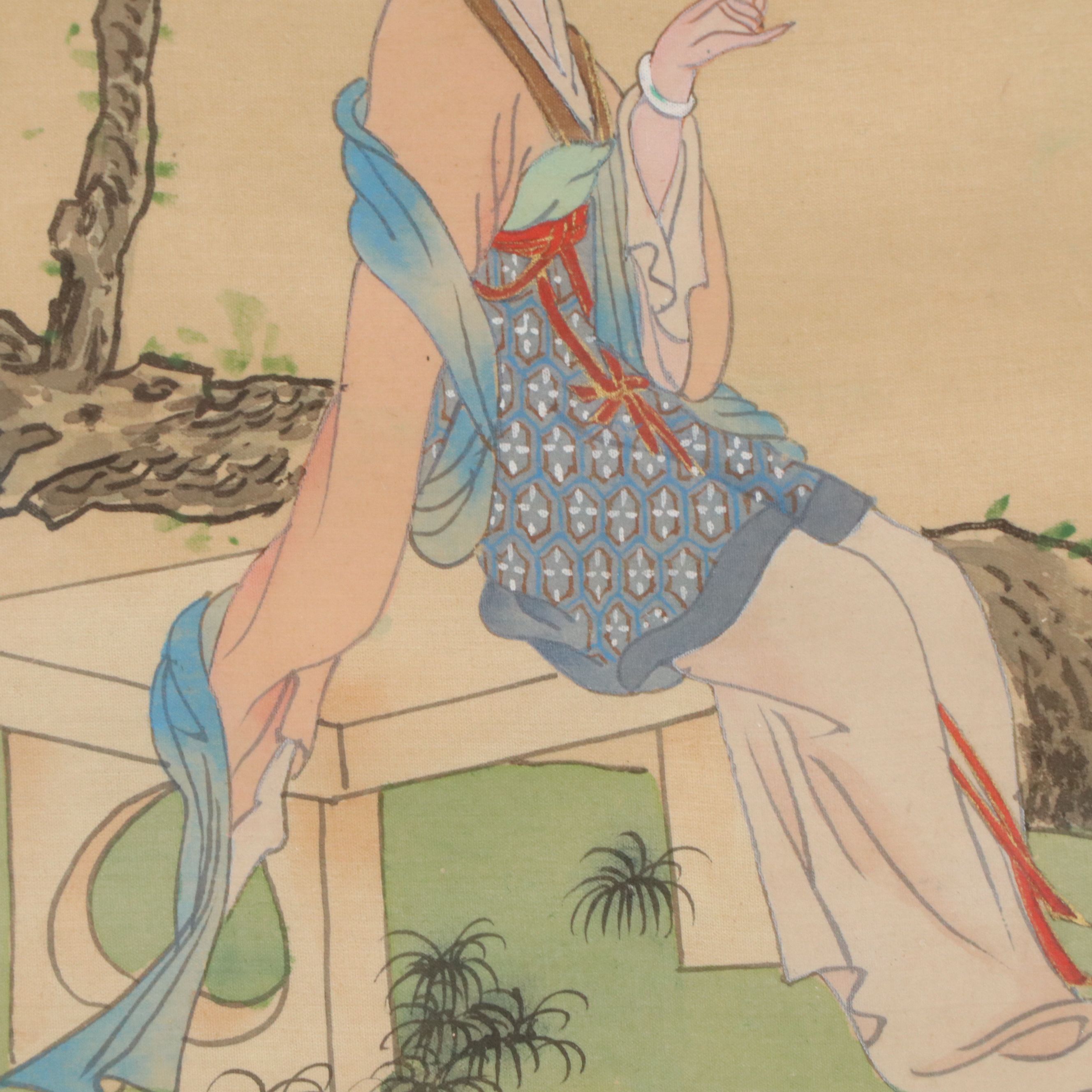 Chinese Hand-Painted Silk Panels Depicting Women in Landscapes
