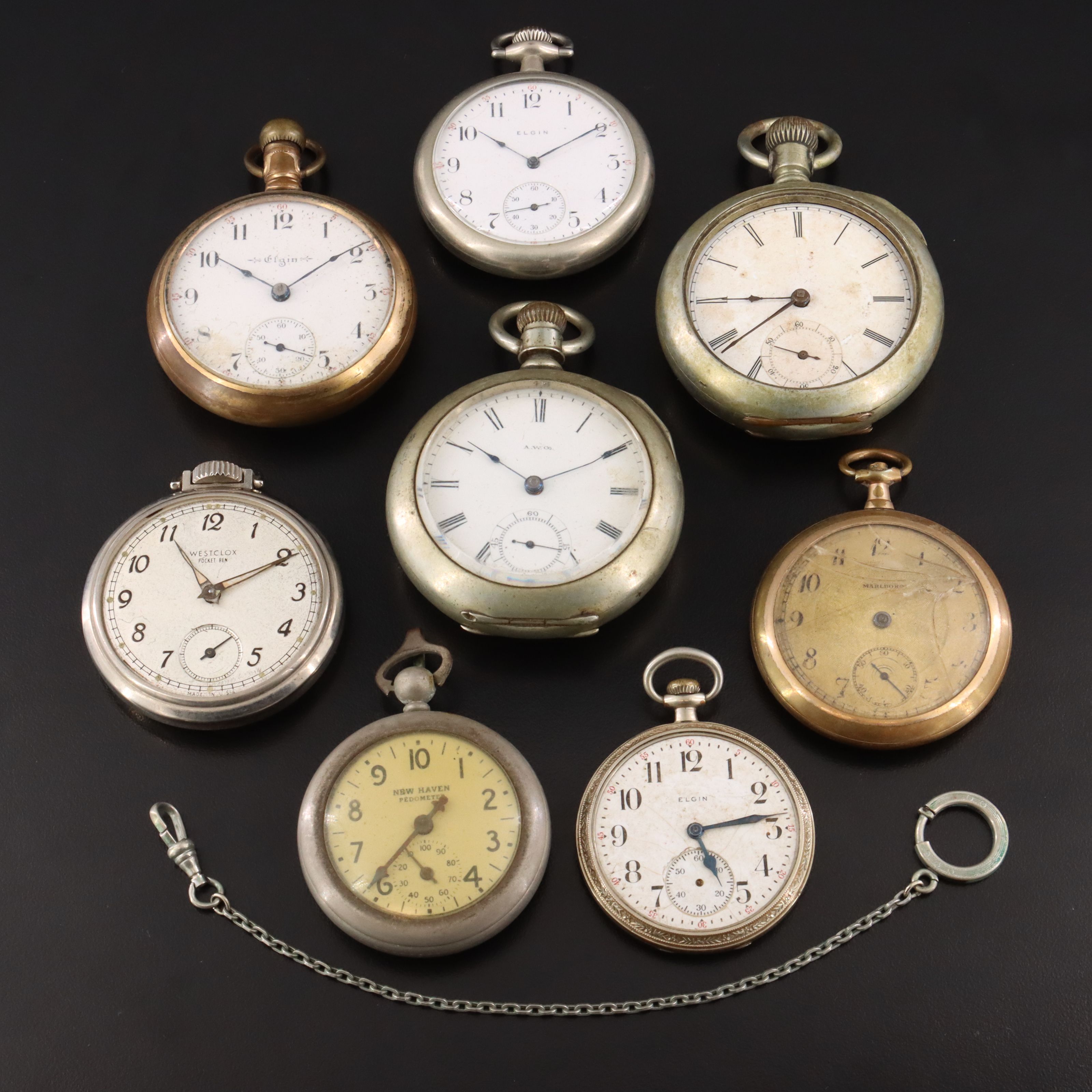 Collection of Vintage and Antique Pocket Watches Featuring Elgin and Westclox