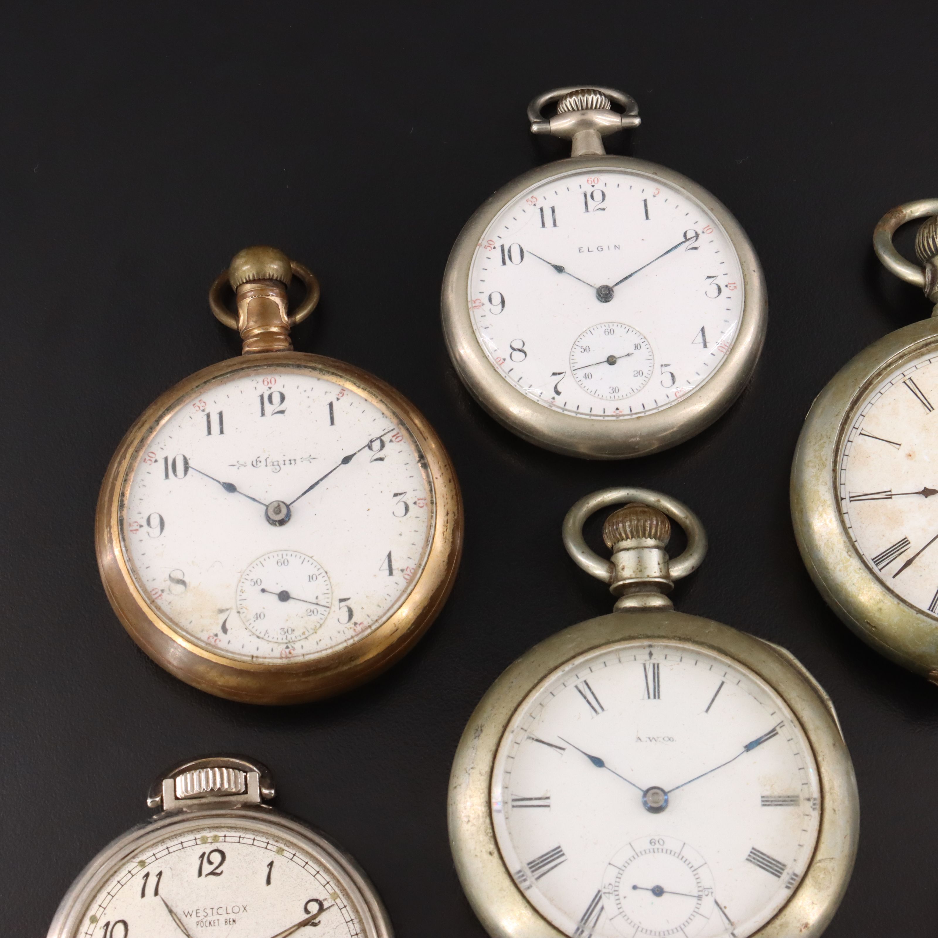 Collection of Vintage and Antique Pocket Watches Featuring Elgin and Westclox