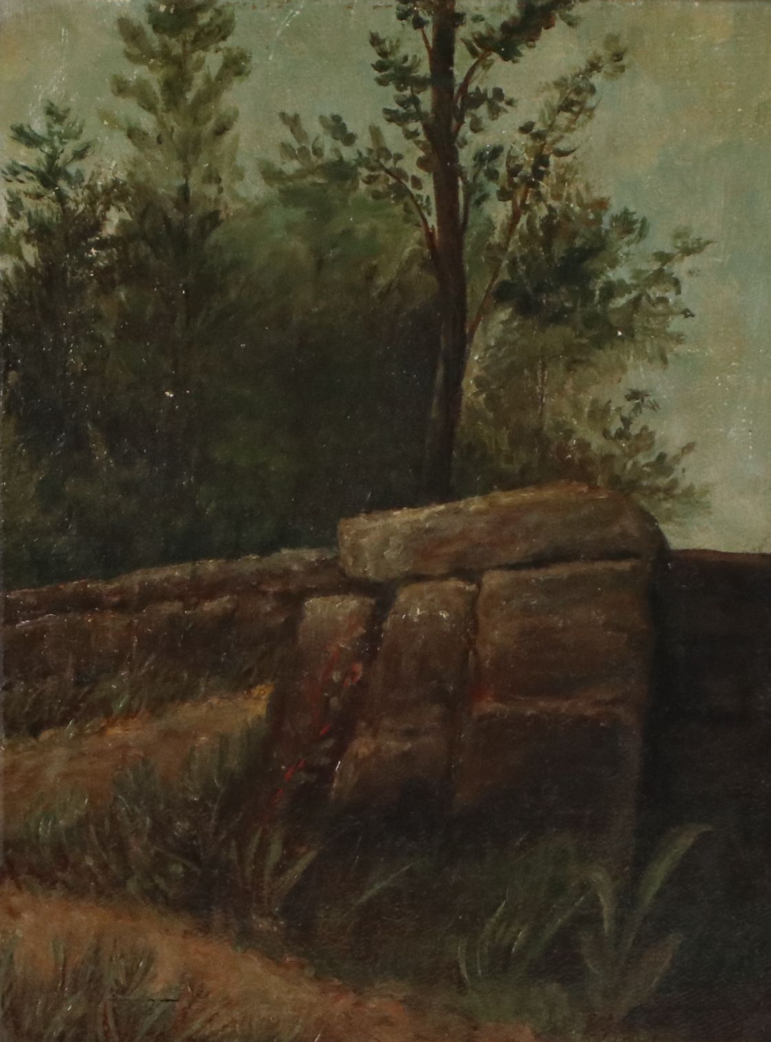 Victorian Hobbyist Oil Painting of Rock Wall in Landscape, Circa 1900