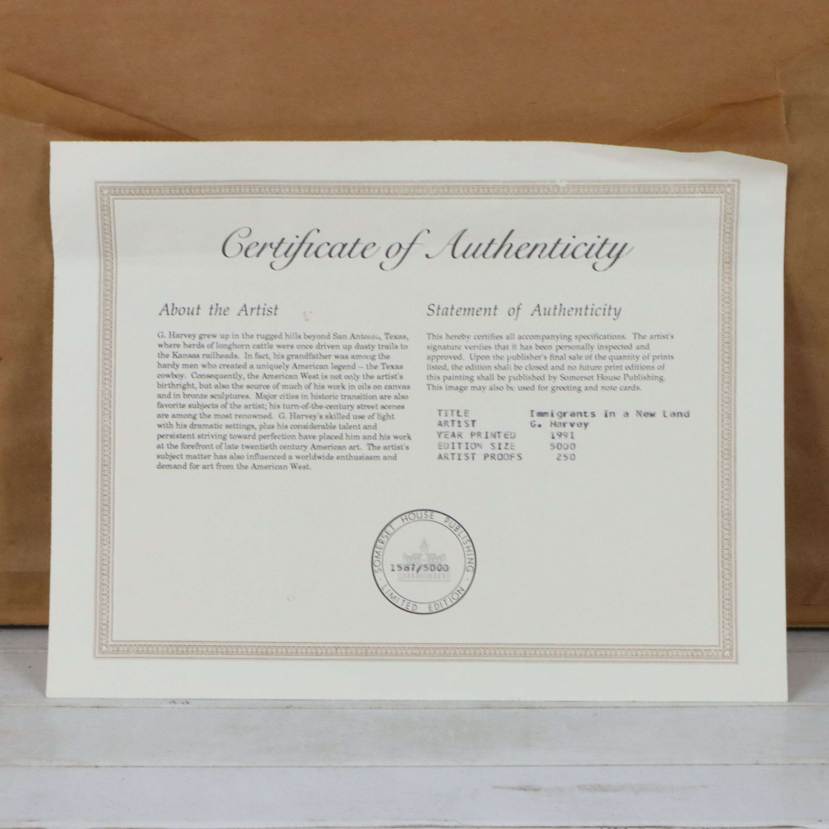 G. Harvey Offset Lithograph "Immigrants in a New Land," 1991