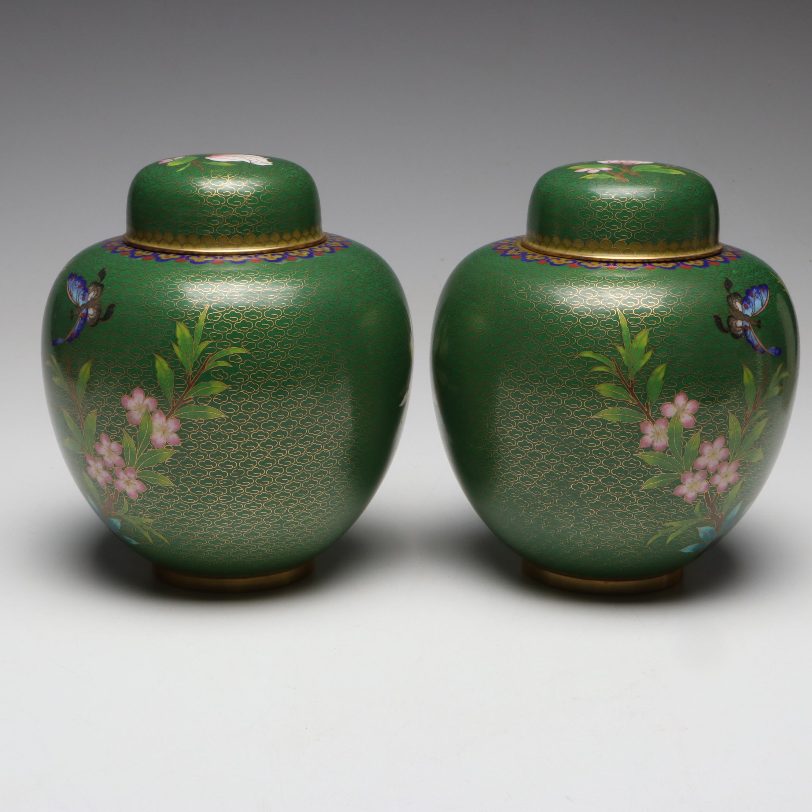 Chinese Floral Cloisonné Ginger Jars, Pair