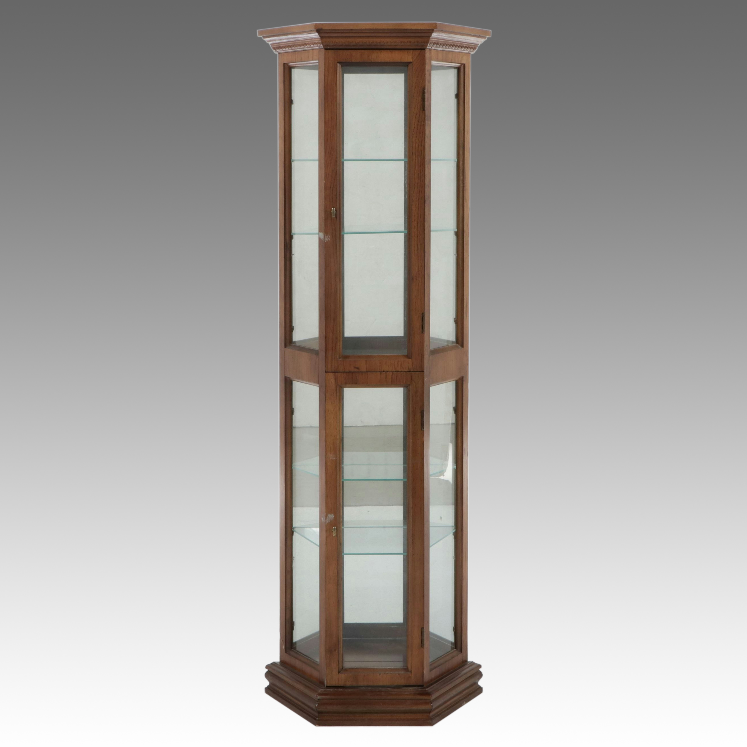 Federal Style Hexagonal Lighted Oak Curio Cabinet