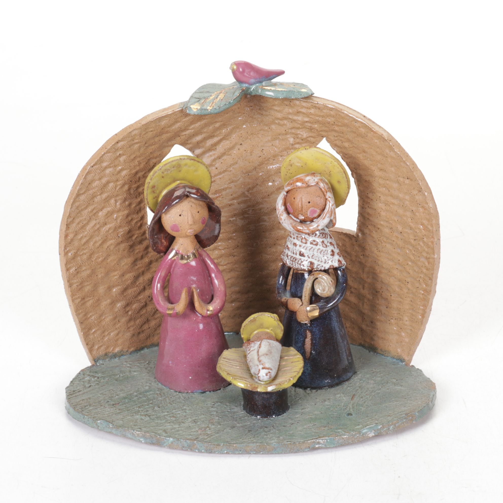 Folk Art Handmade Pottery Nativity Scene with Angel Ornament, 1990s