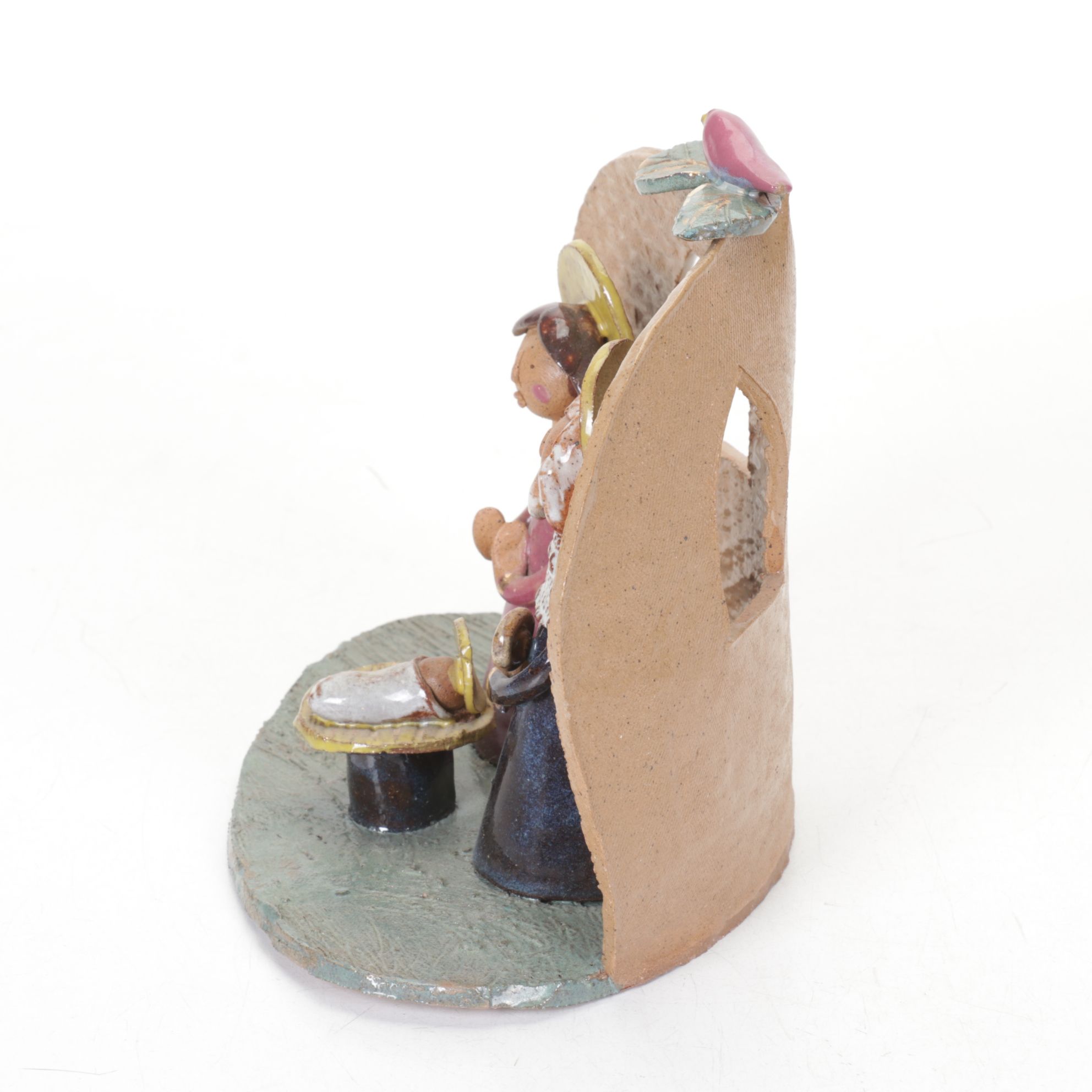 Folk Art Handmade Pottery Nativity Scene with Angel Ornament, 1990s