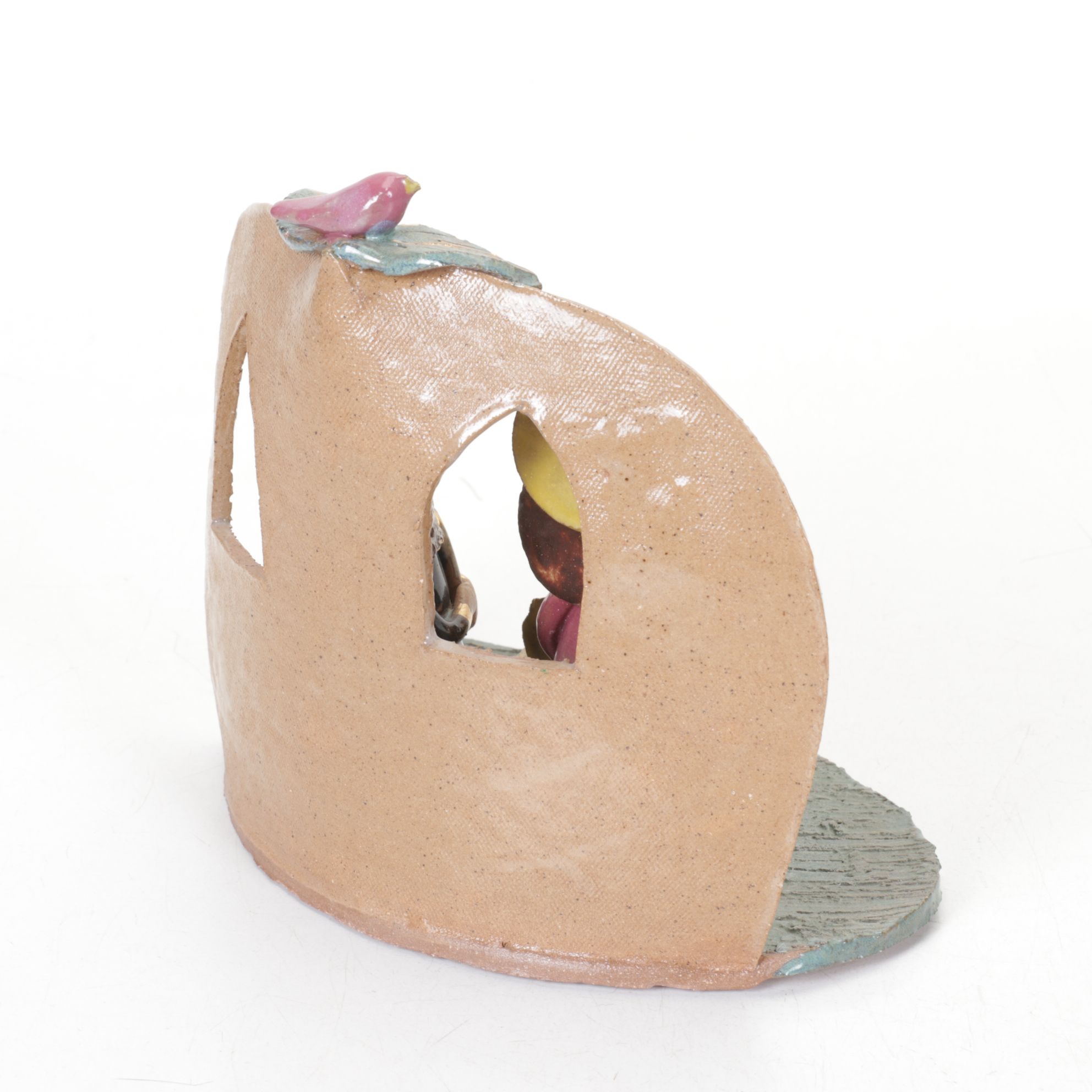 Folk Art Handmade Pottery Nativity Scene with Angel Ornament, 1990s