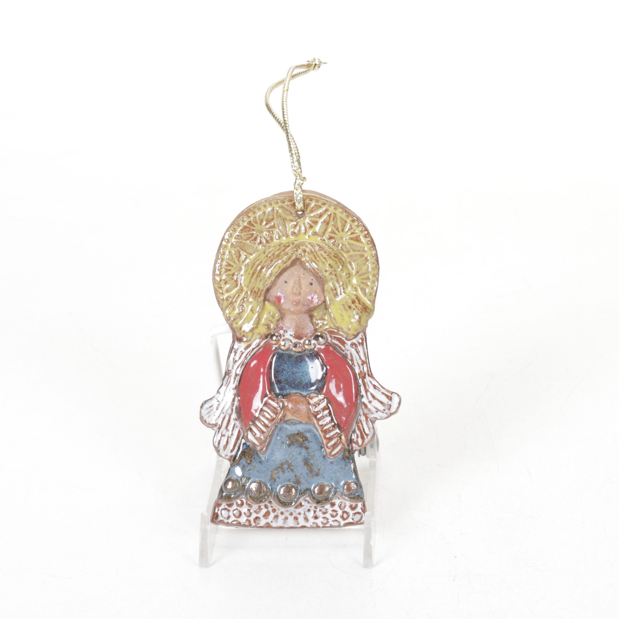 Folk Art Handmade Pottery Nativity Scene with Angel Ornament, 1990s