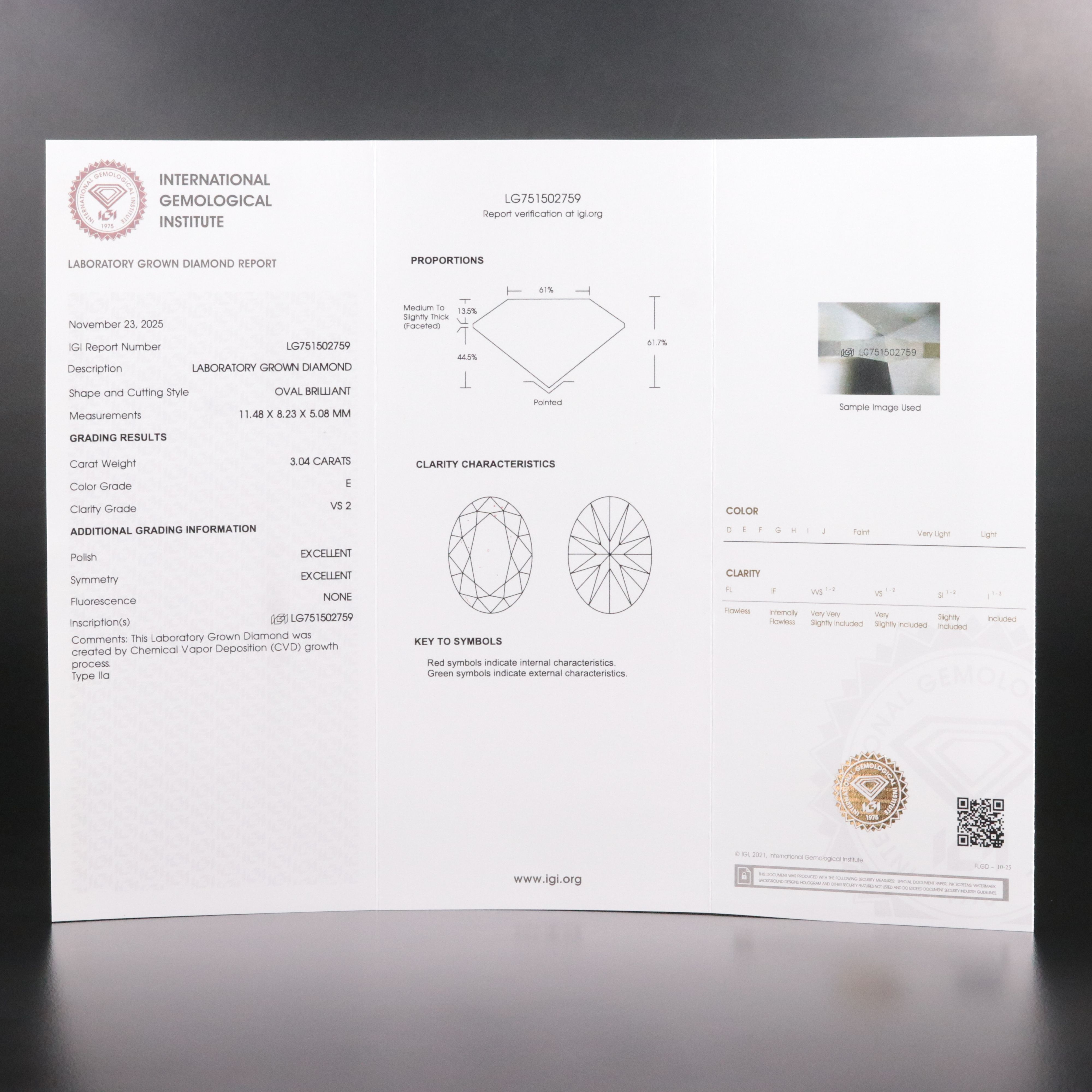 Loose 3.04 CT Lab Grown Diamond with IGI Report