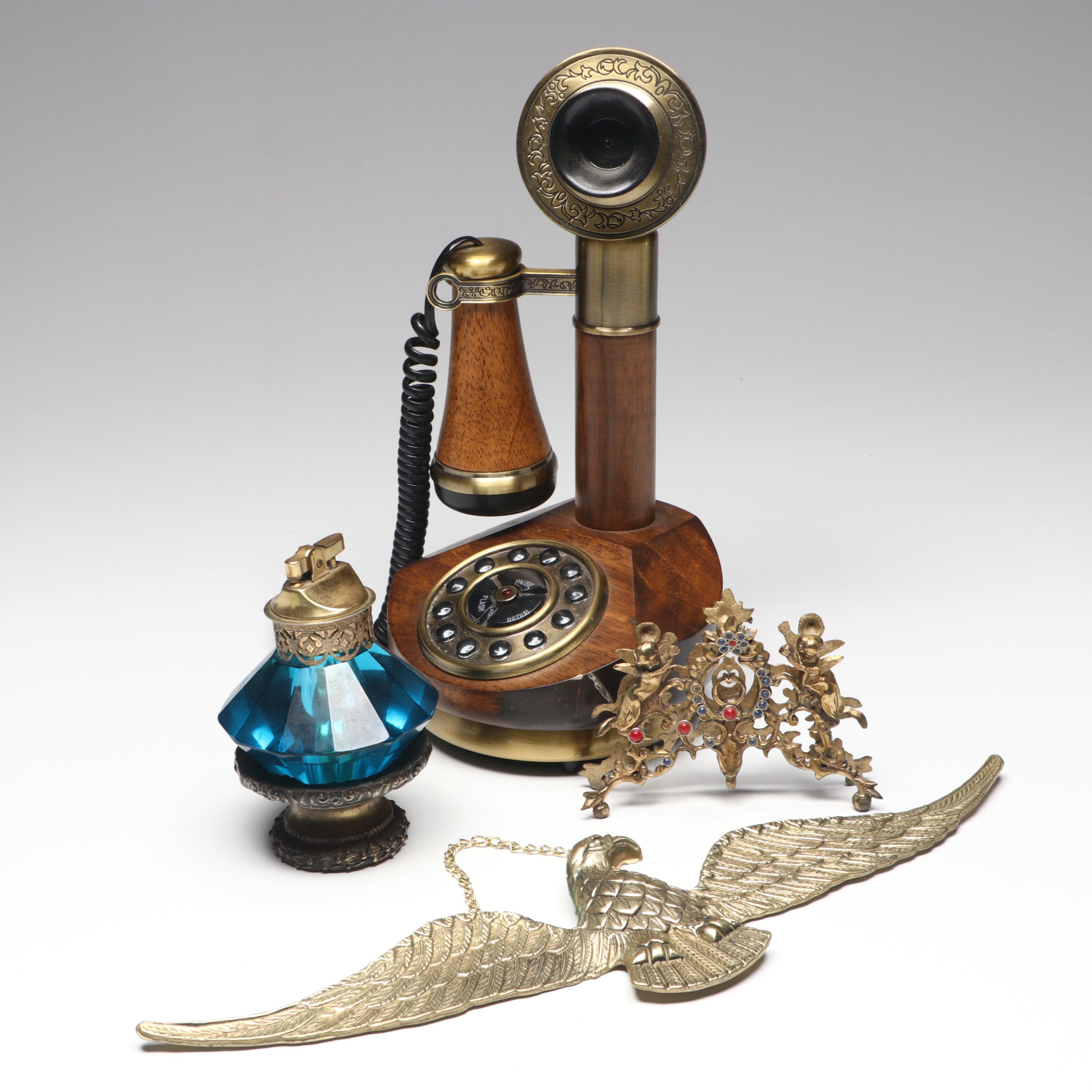 Vintage Candlestick Style Telephone with Brass Eagle Wall Hanging and More