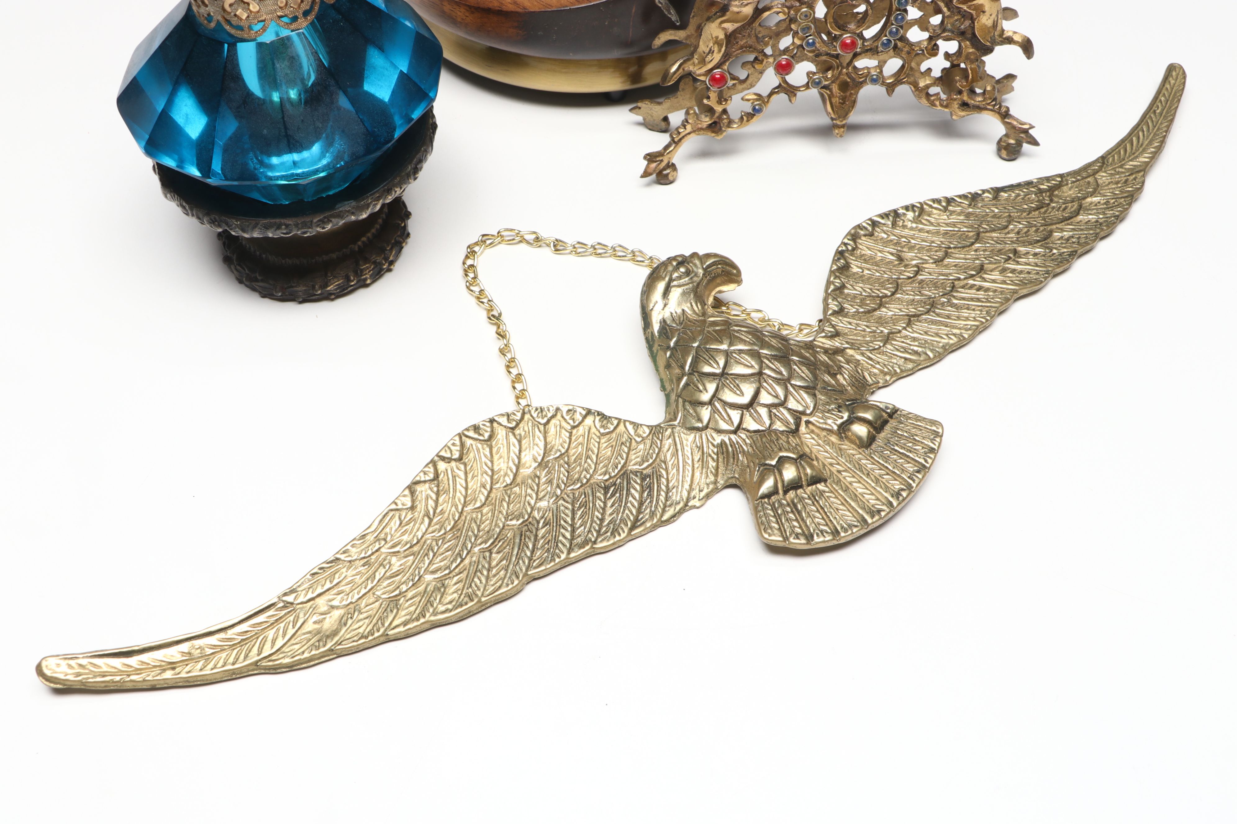 Vintage Candlestick Style Telephone with Brass Eagle Wall Hanging and More