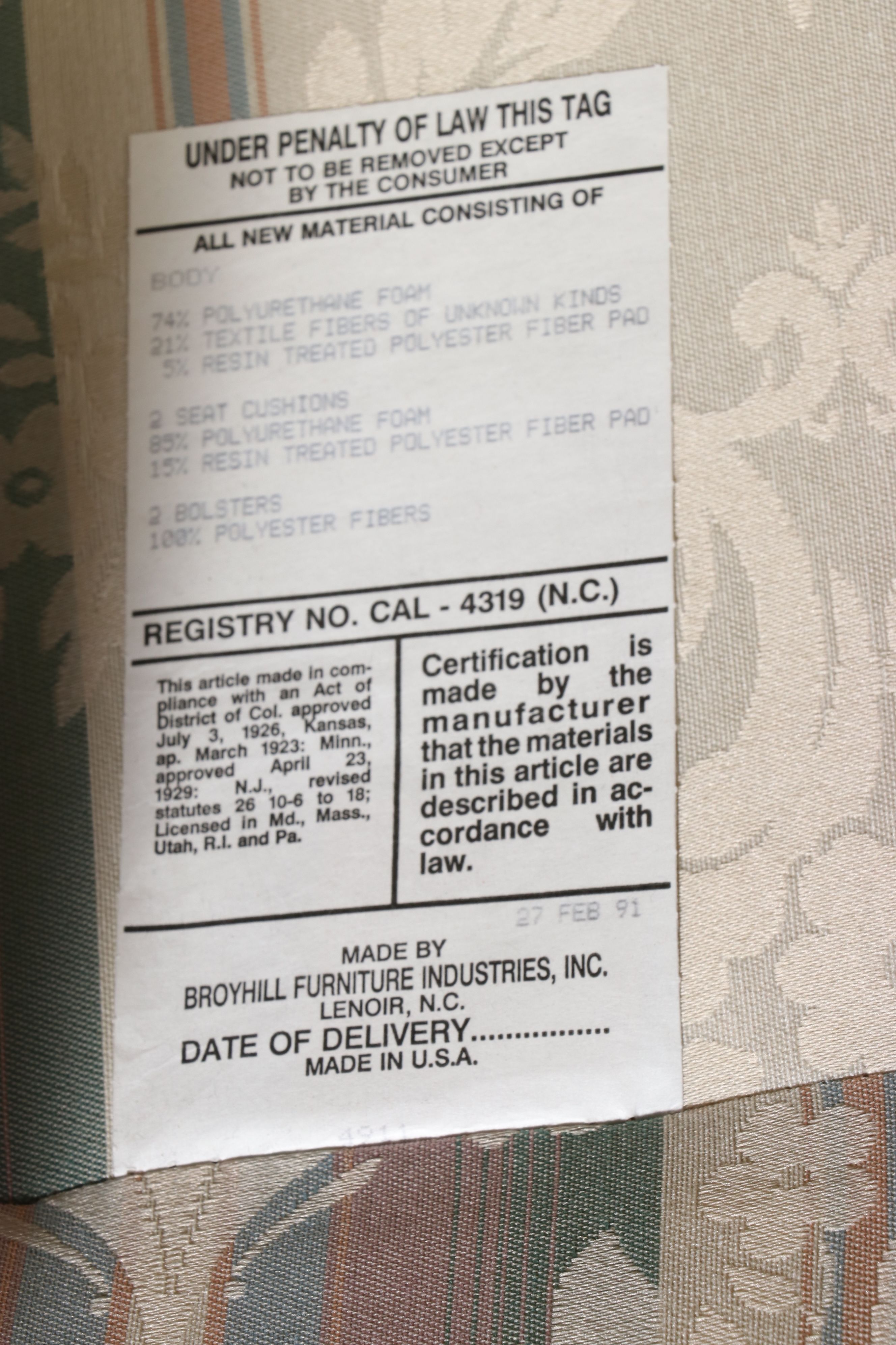 Broyhill Upholstered Striped Damask Loveseat, c. 1990s