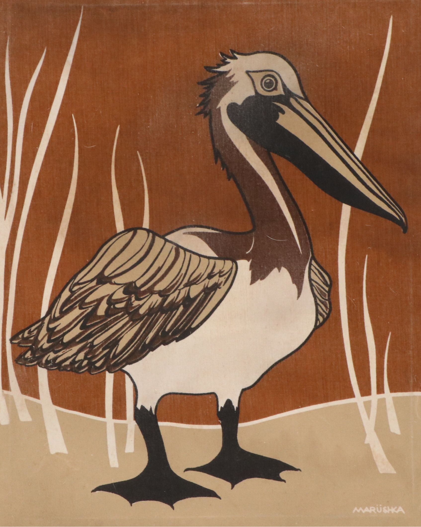 Marüshka Silkscreen Textile of Pelican, 1970s