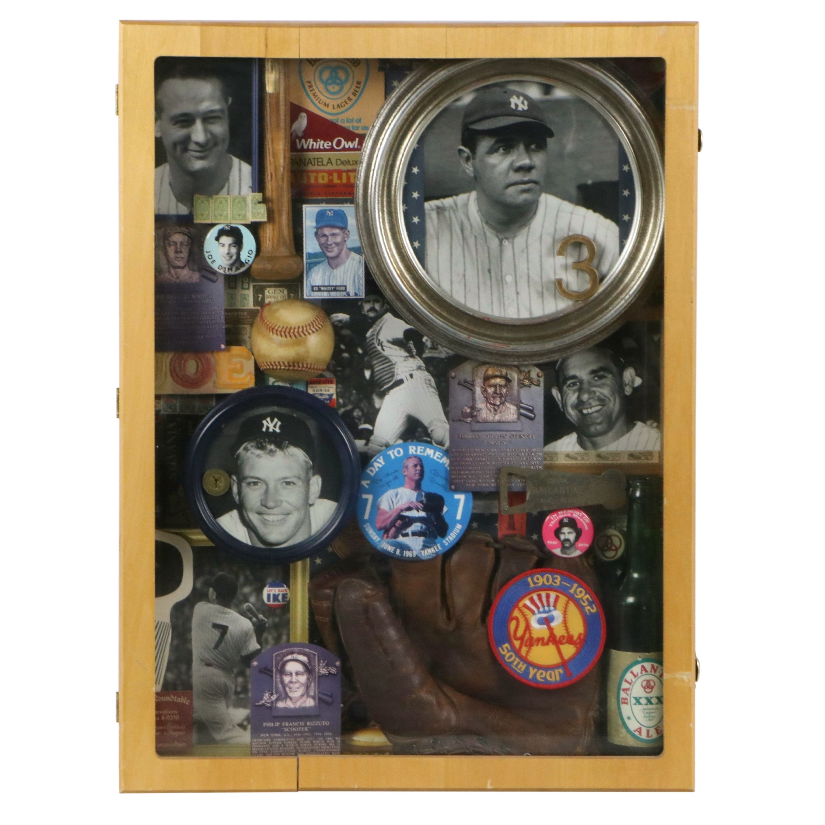 New York Yankees Memorabilia Assemblage in Shadow Box Including Photographs
