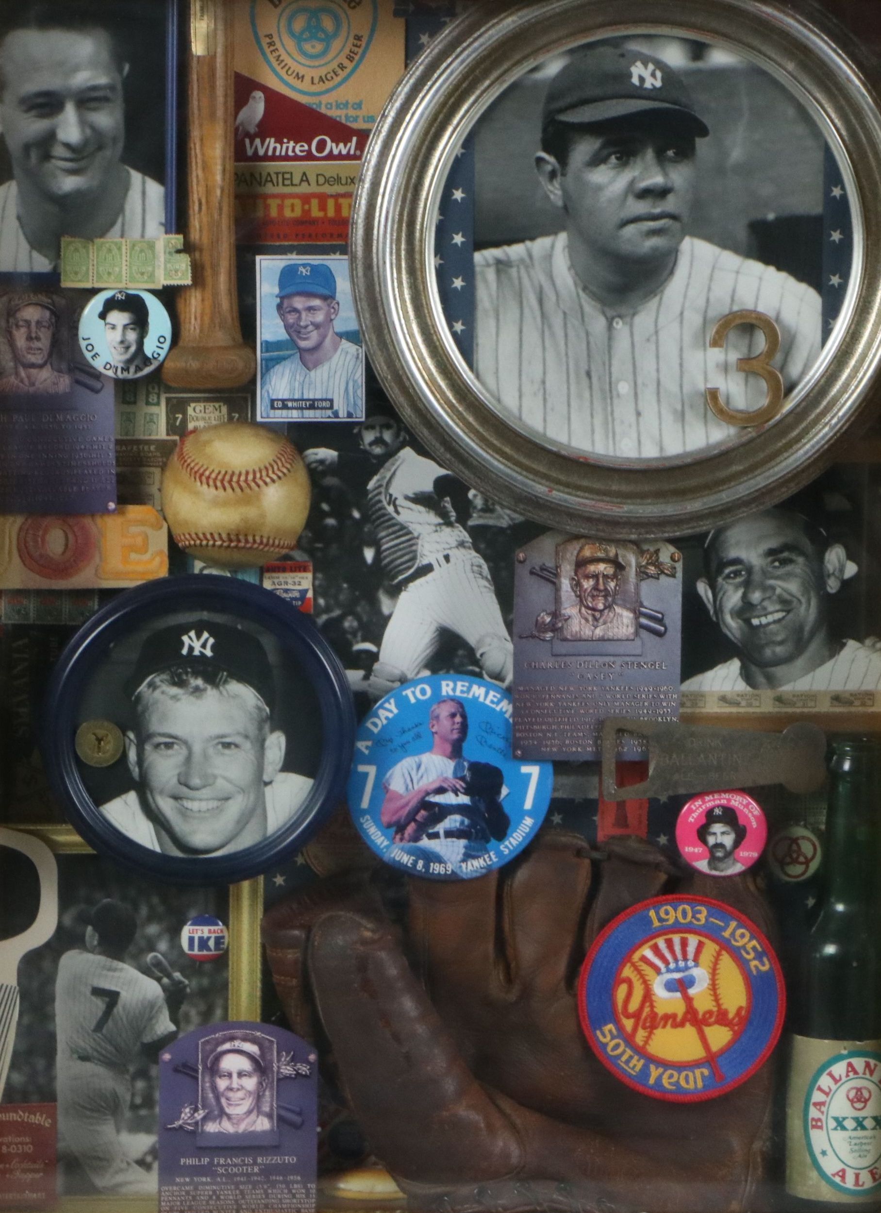 New York Yankees Memorabilia Assemblage in Shadow Box Including Photographs