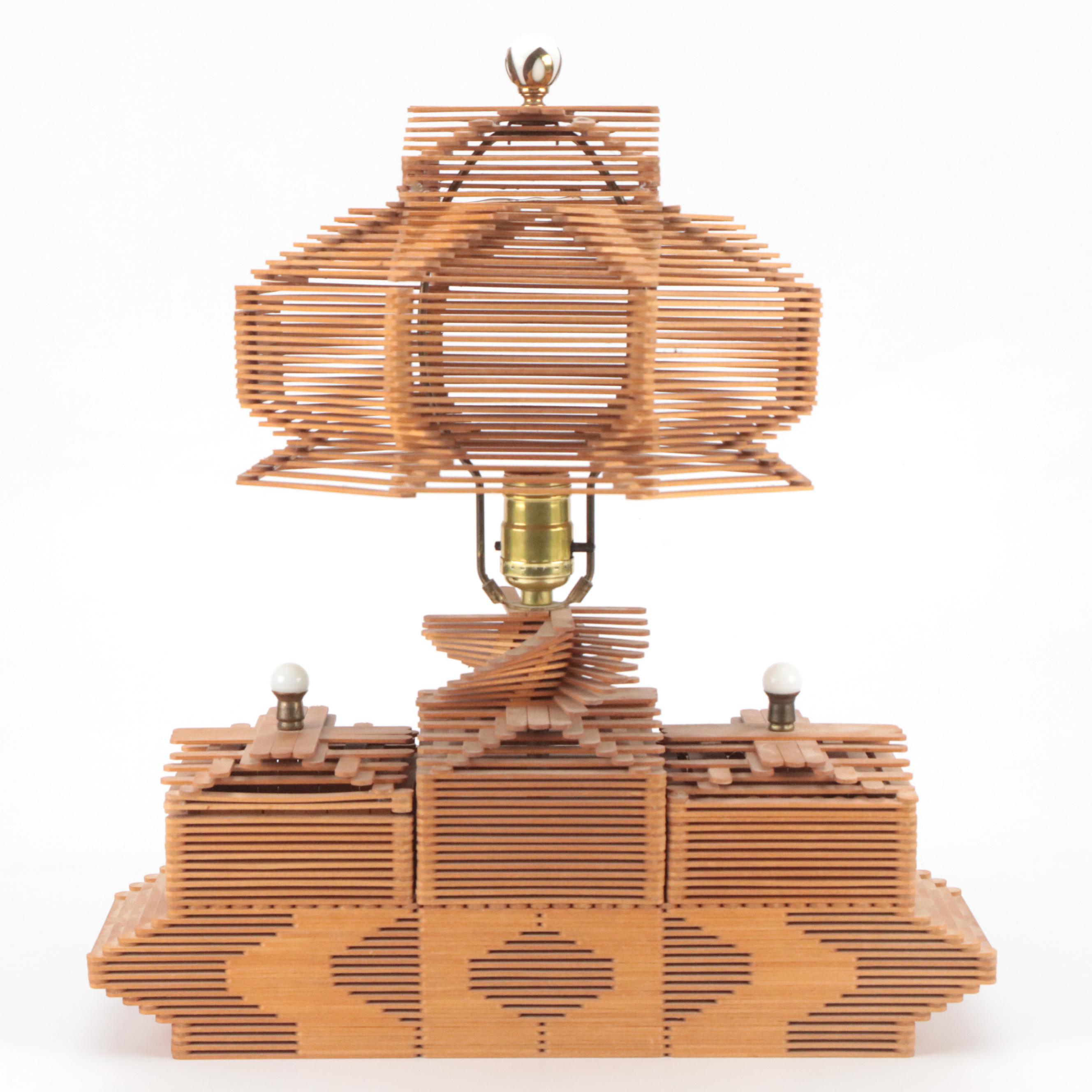 Tramp Art Popsicle Stick Hand-Crafted Table Lamp With Storage Cubbies