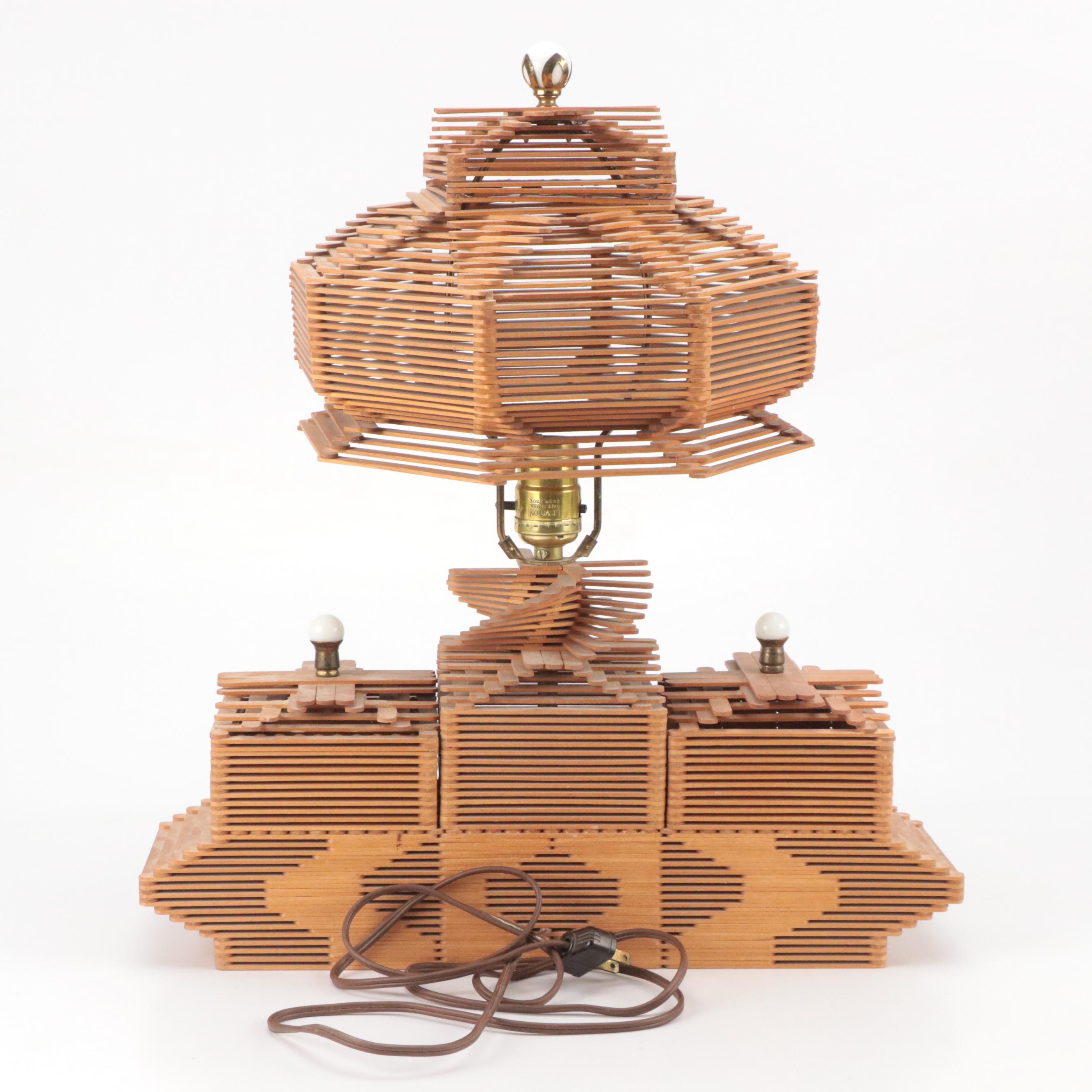 Tramp Art Popsicle Stick Hand-Crafted Table Lamp With Storage Cubbies