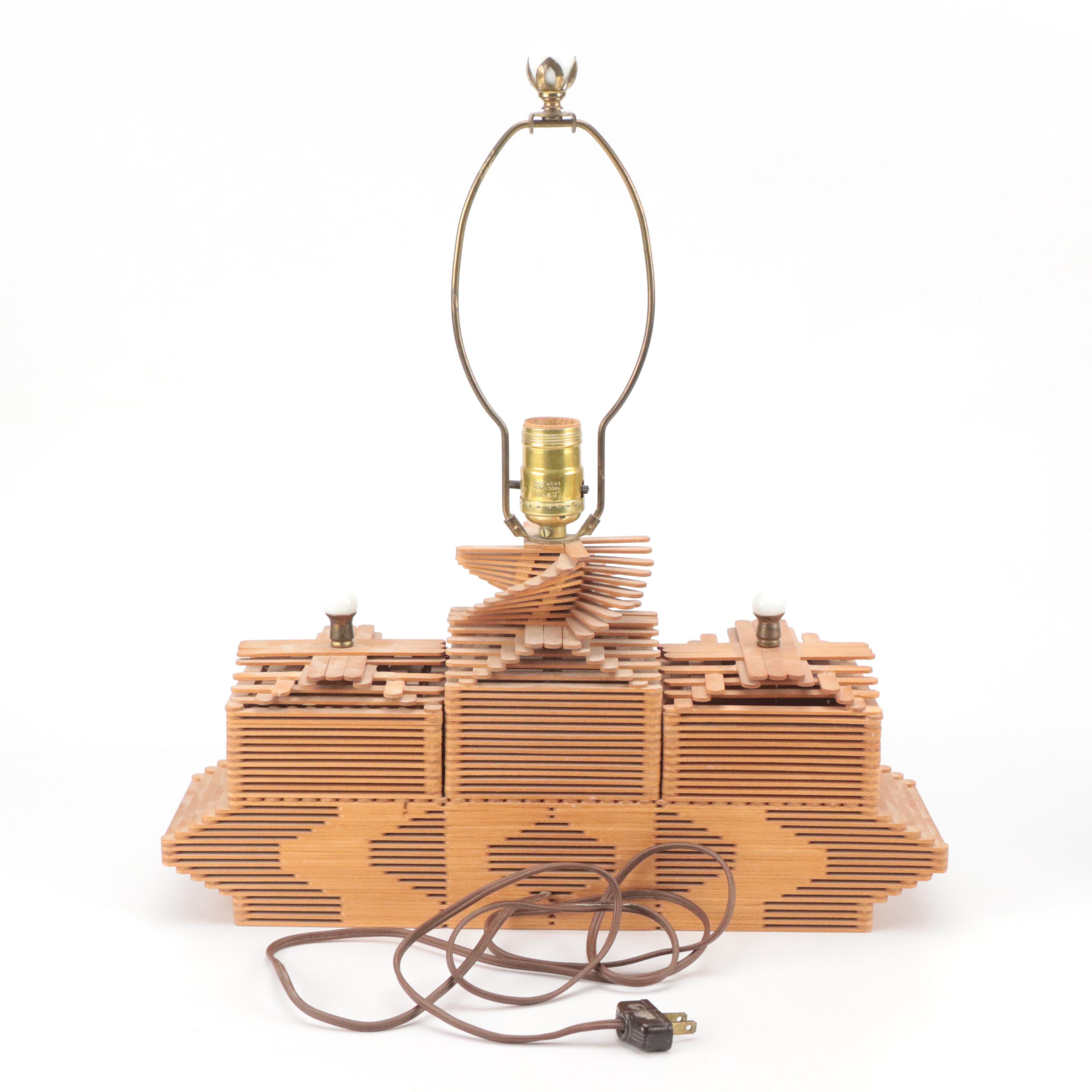 Tramp Art Popsicle Stick Hand-Crafted Table Lamp With Storage Cubbies