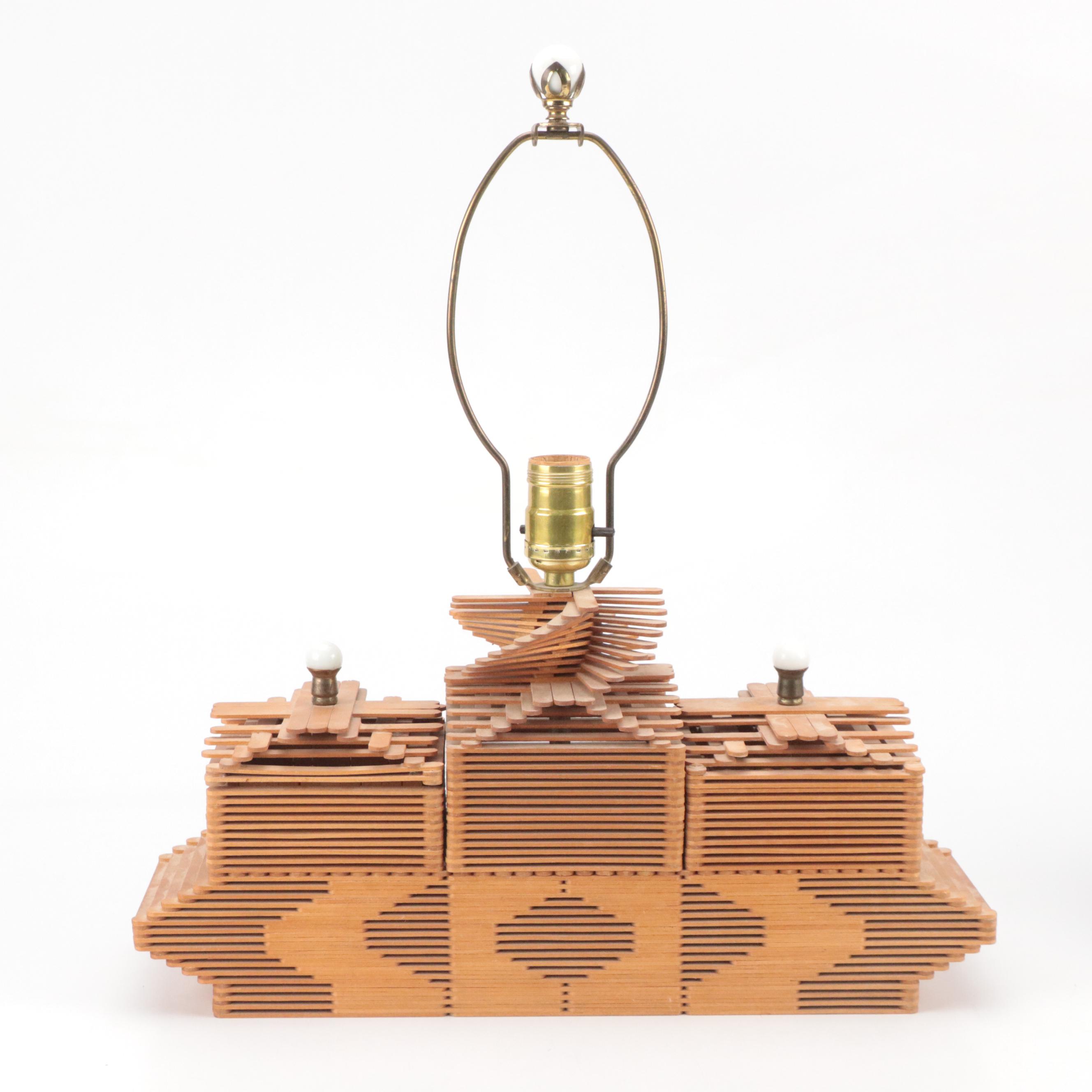 Tramp Art Popsicle Stick Hand-Crafted Table Lamp With Storage Cubbies