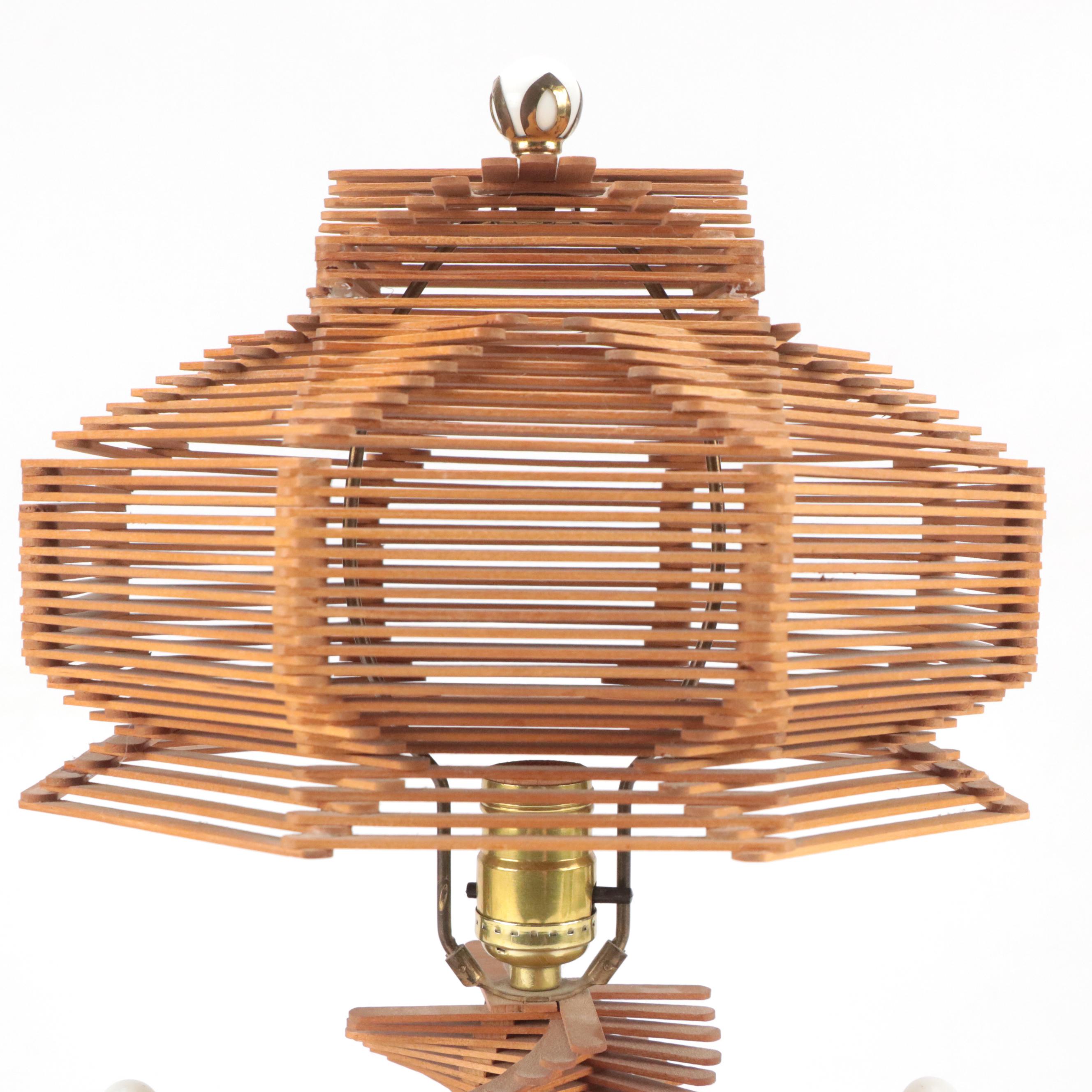 Tramp Art Popsicle Stick Hand-Crafted Table Lamp With Storage Cubbies