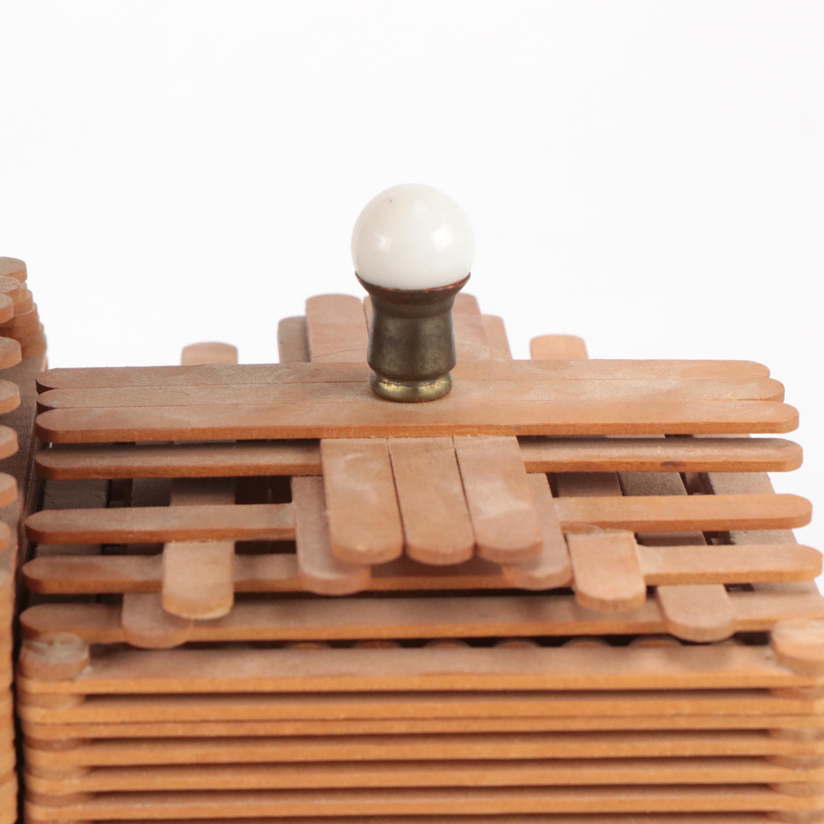 Tramp Art Popsicle Stick Hand-Crafted Table Lamp With Storage Cubbies