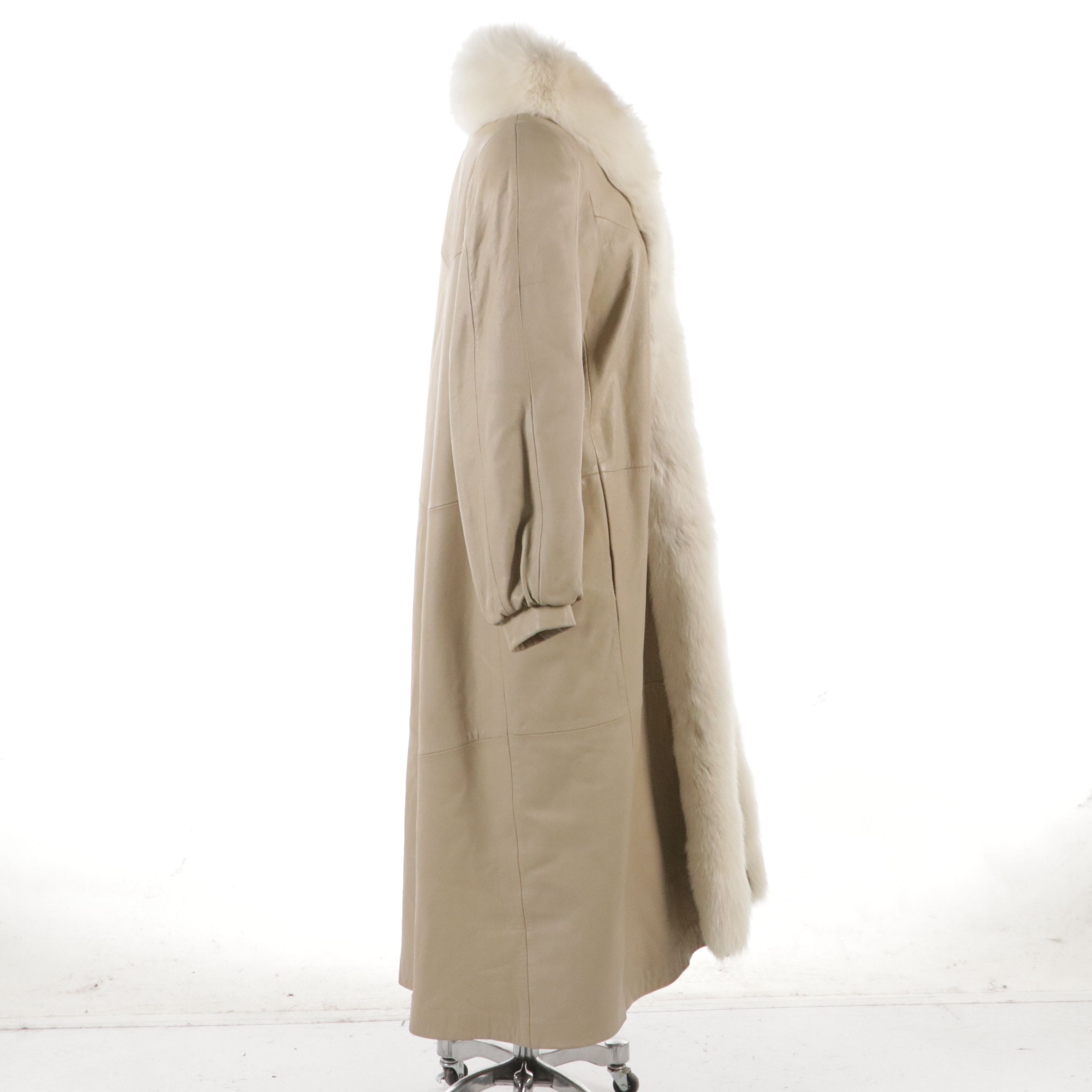 P.D. Fashions Beige Leather Long Coat with Dyed Fox Fur Trim