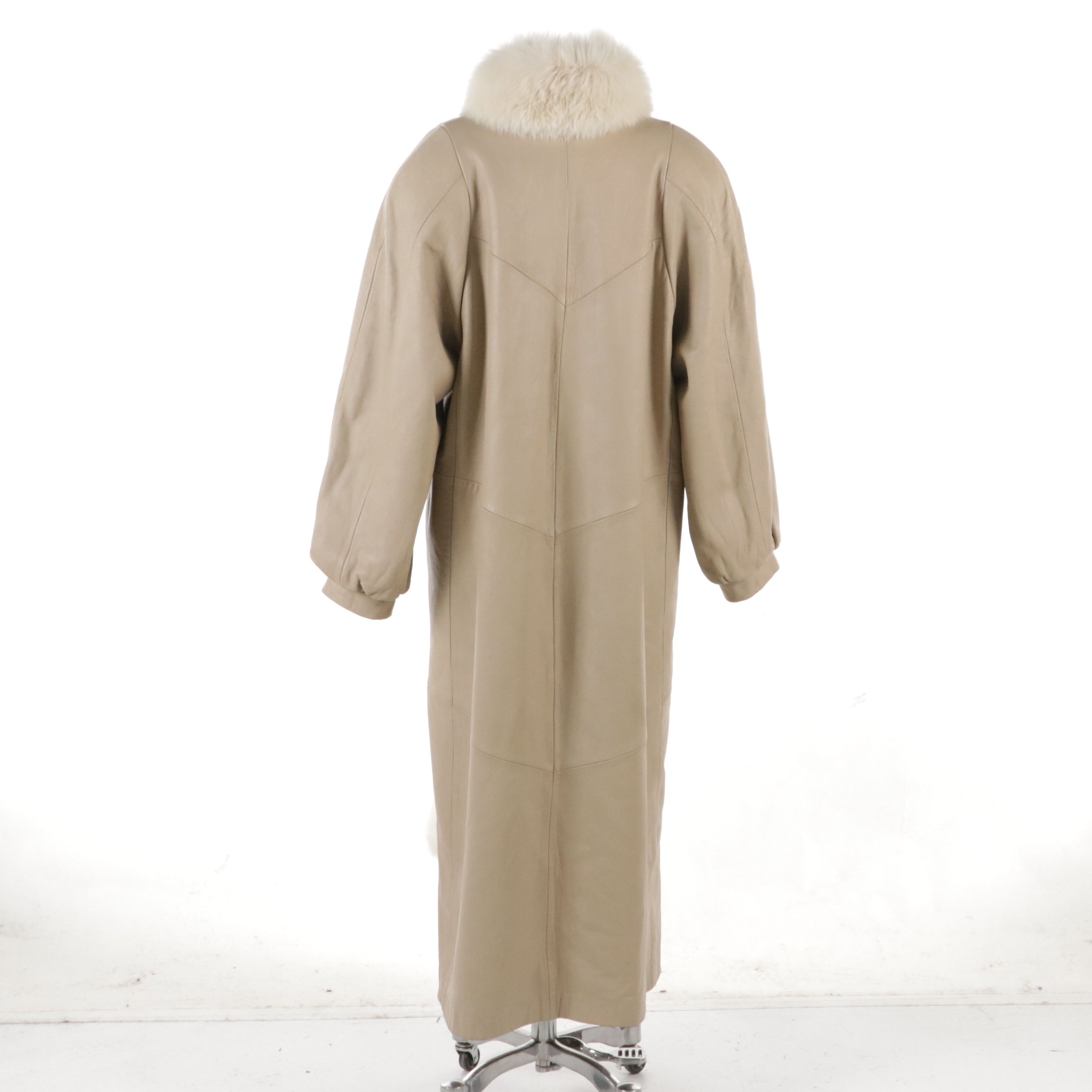 P.D. Fashions Beige Leather Long Coat with Dyed Fox Fur Trim