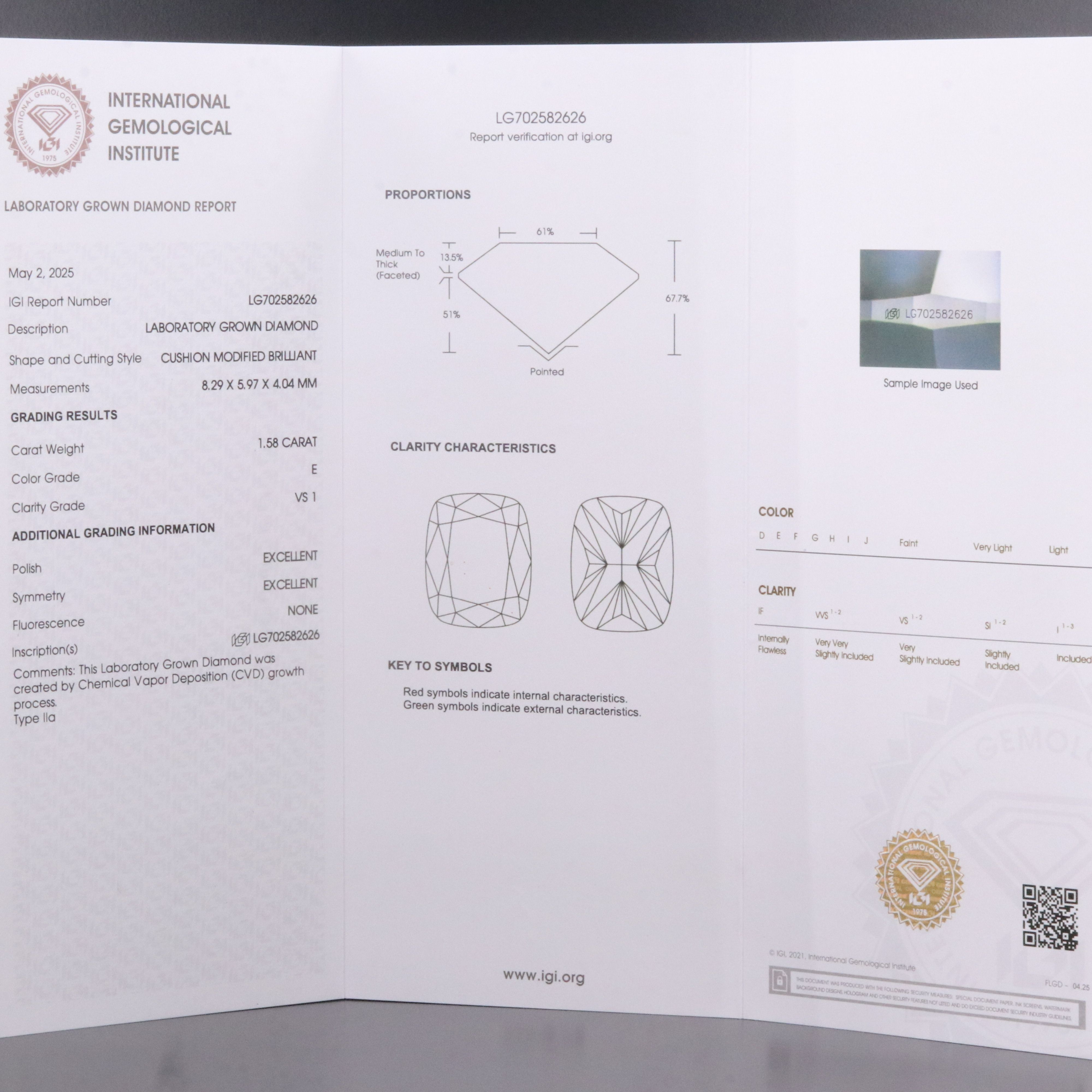 Loose 1.58 CT Lab Grown Diamond with IGI Report