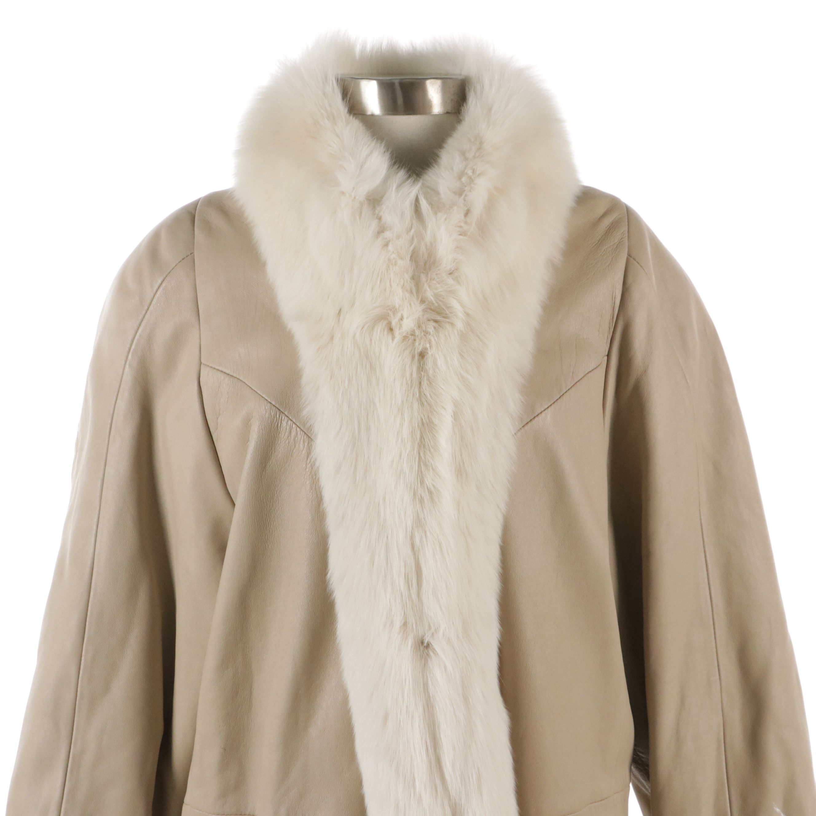 P.D. Fashions Beige Leather Long Coat with Dyed Fox Fur Trim