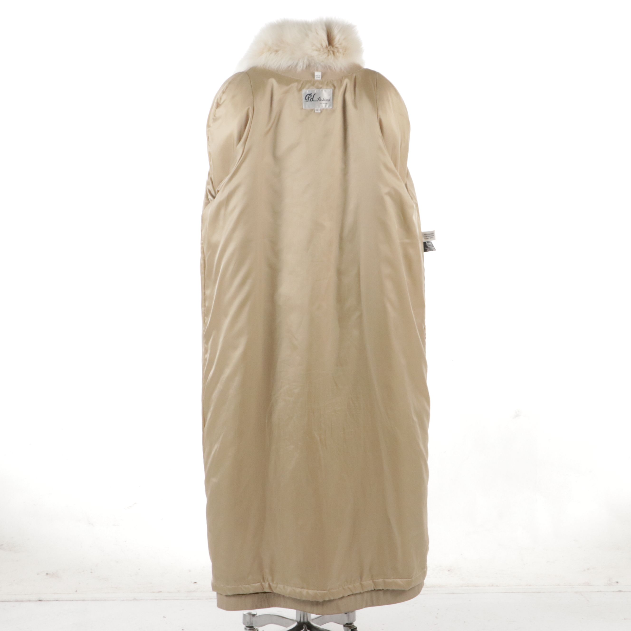 P.D. Fashions Beige Leather Long Coat with Dyed Fox Fur Trim