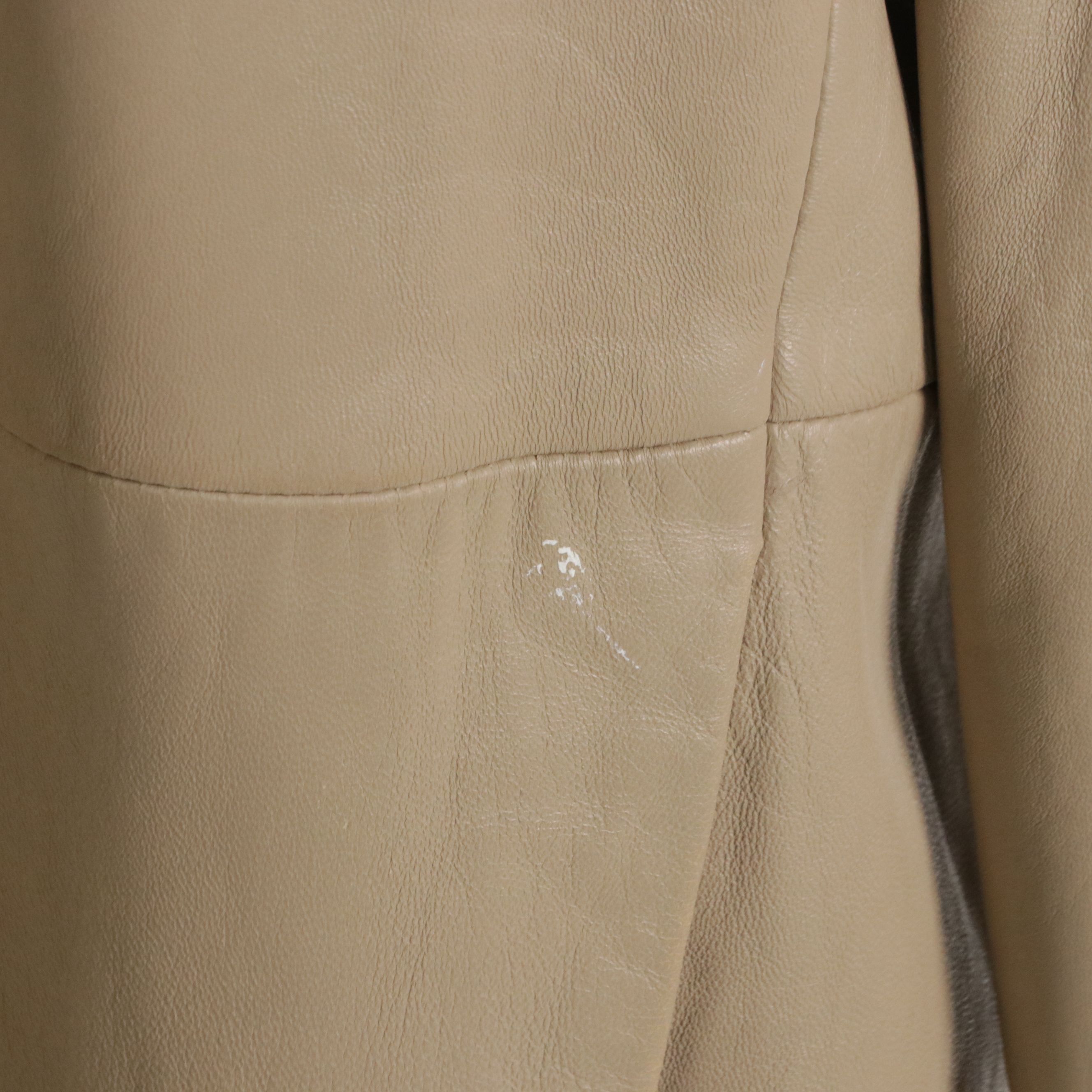 P.D. Fashions Beige Leather Long Coat with Dyed Fox Fur Trim