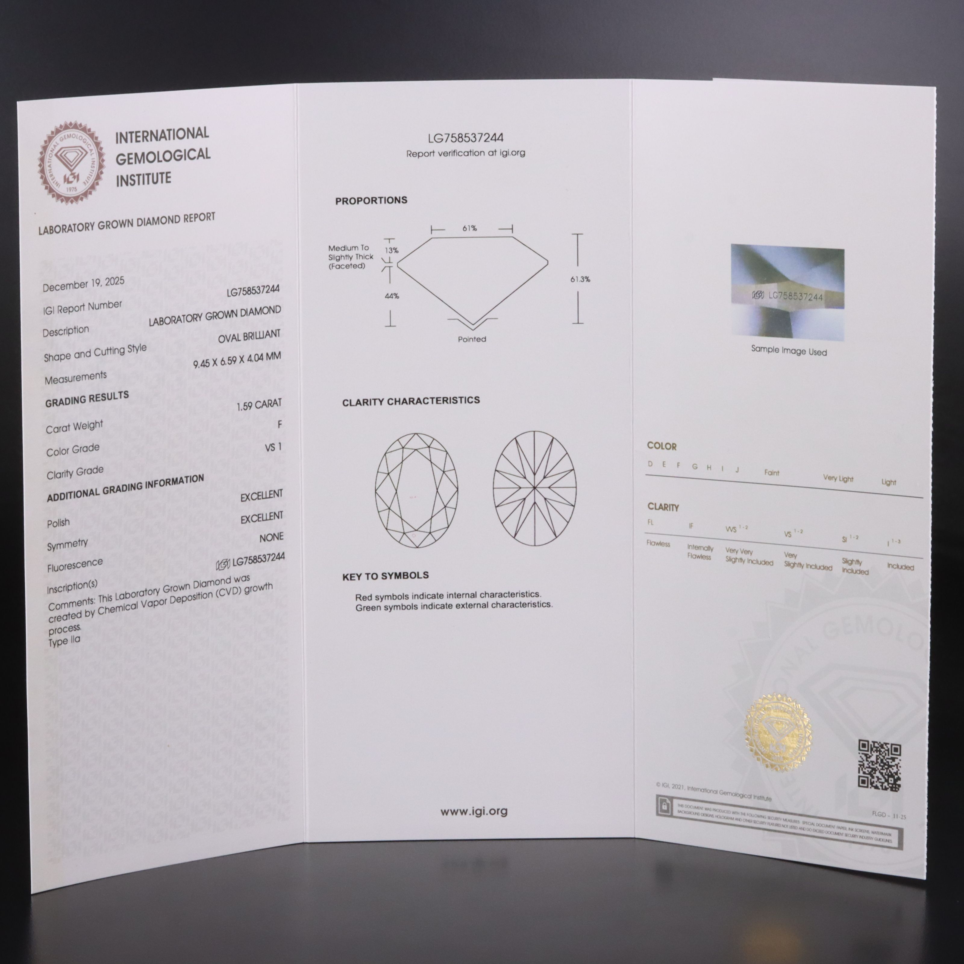 Loose 1.59 CT Lab Grown Diamond with IGI Report