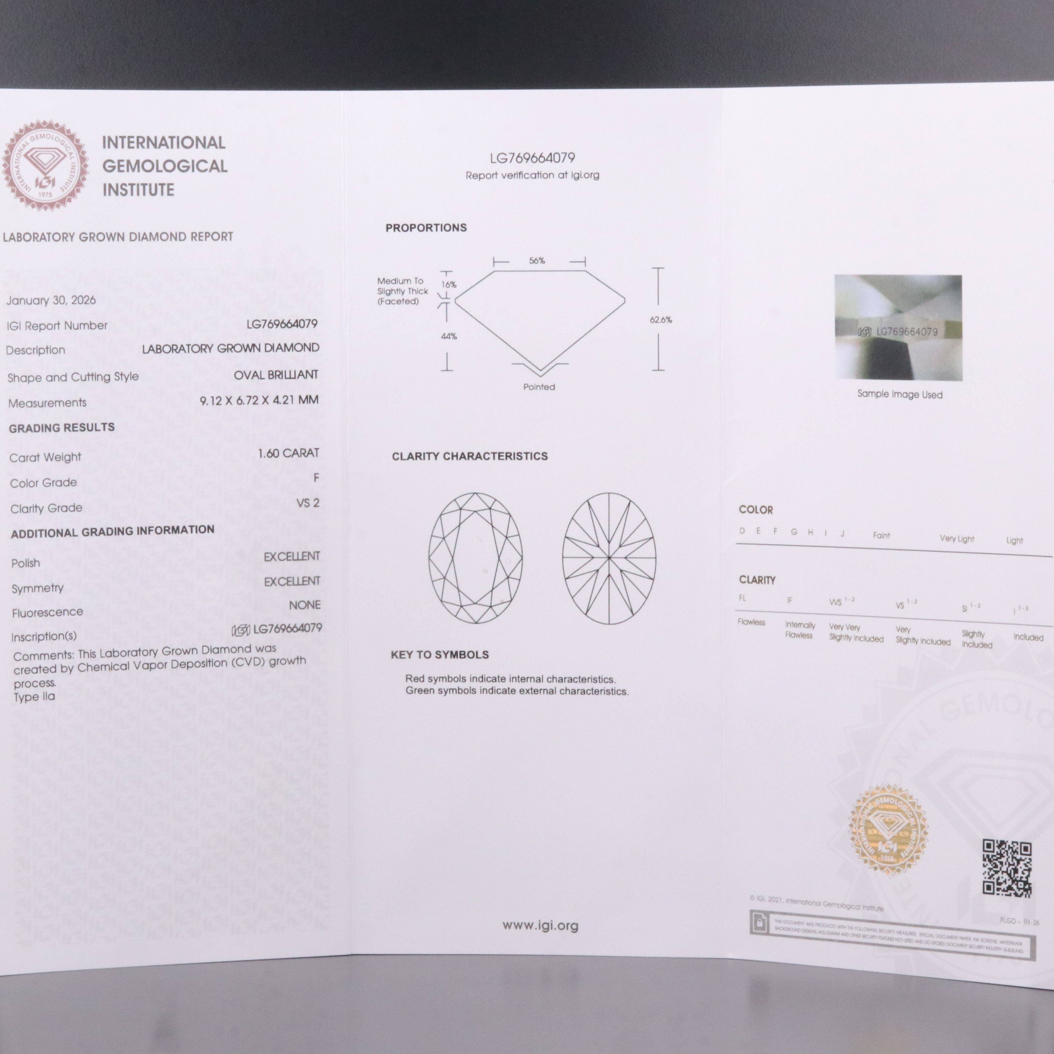 Loose 1.60 CT Lab Grown Diamond with IGI Report