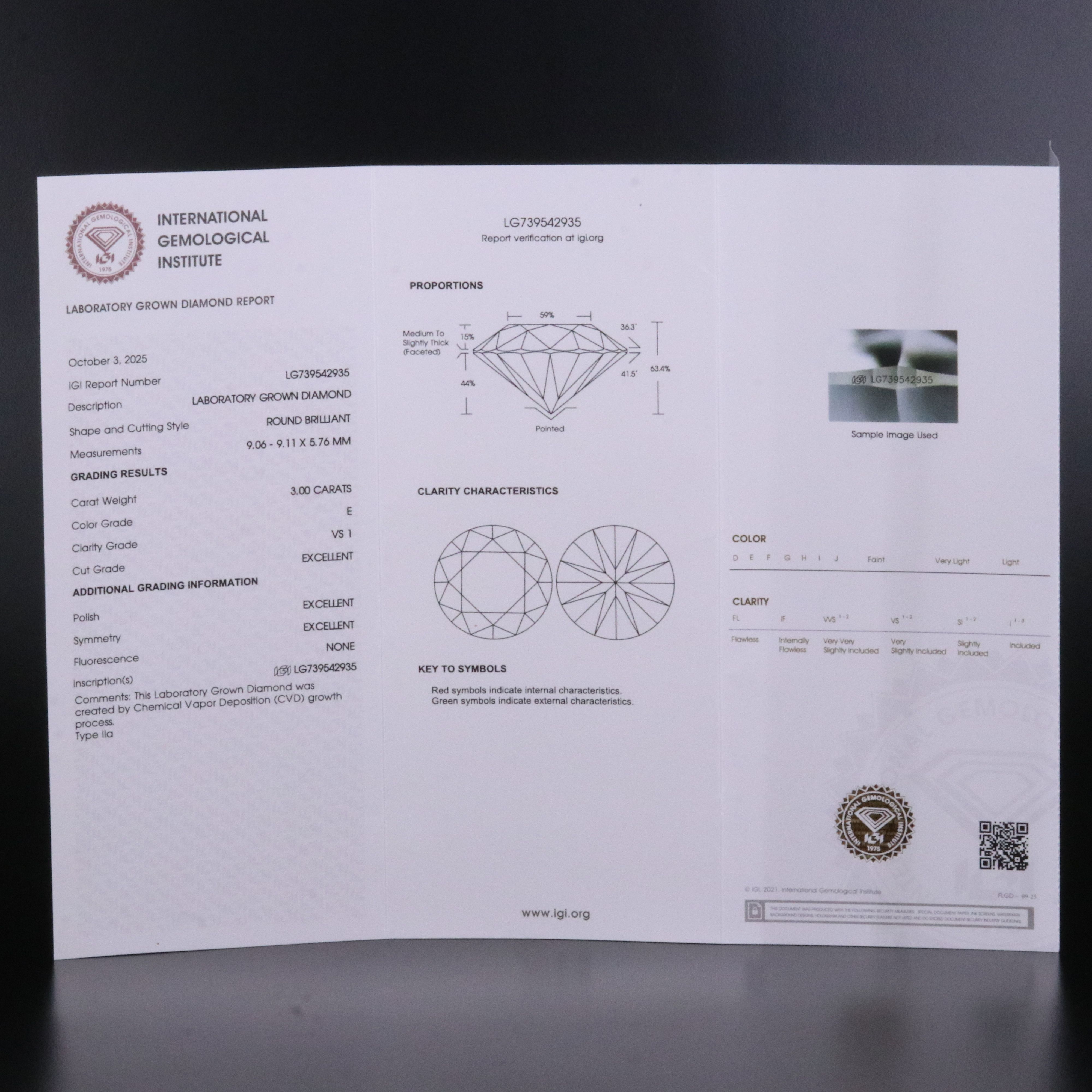 Loose 3.00 CT Lab Grown Diamond with IGI Report