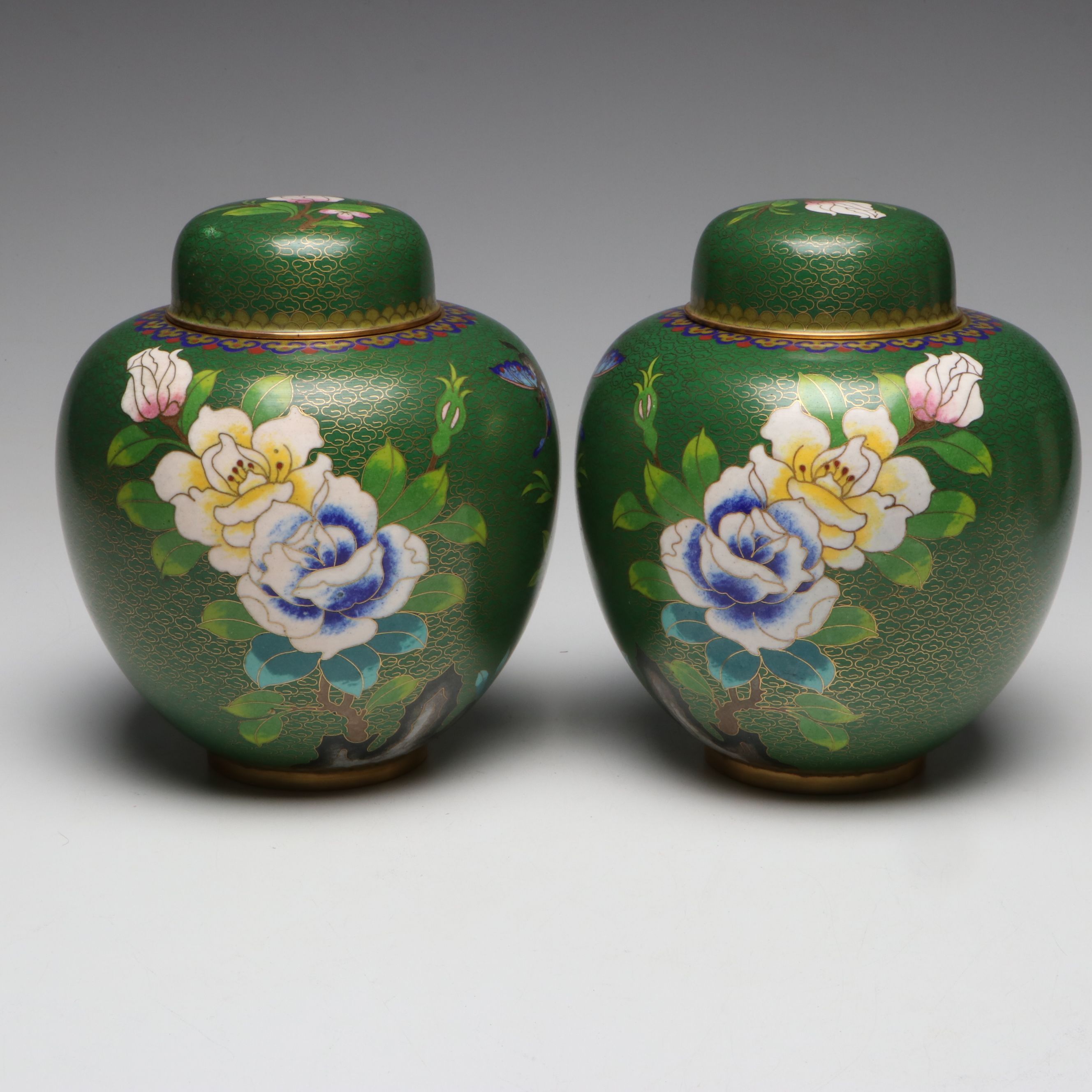 Chinese Floral Cloisonné Ginger Jars, Pair