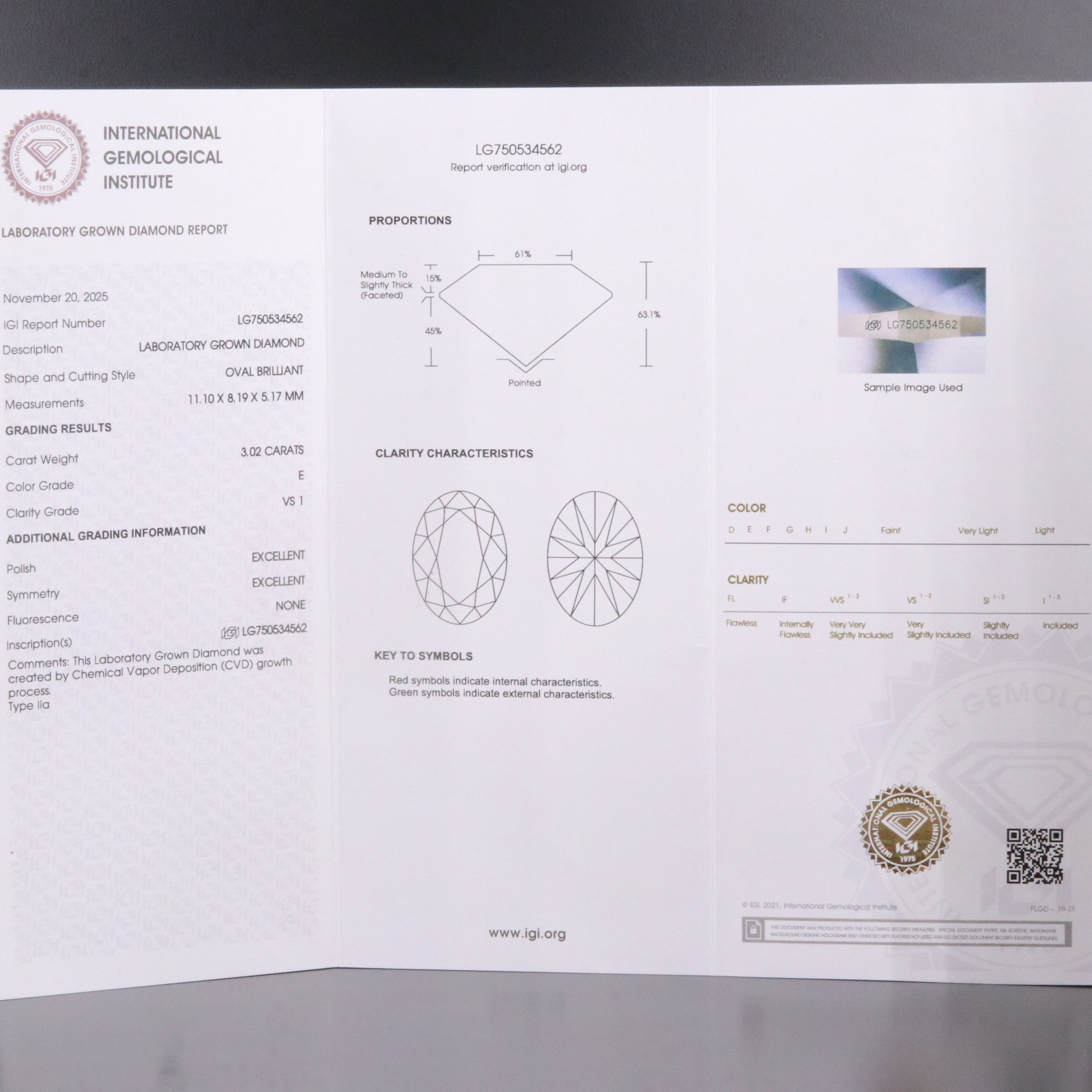 Loose 3.02 CT Lab Grown Diamond with IGI Report