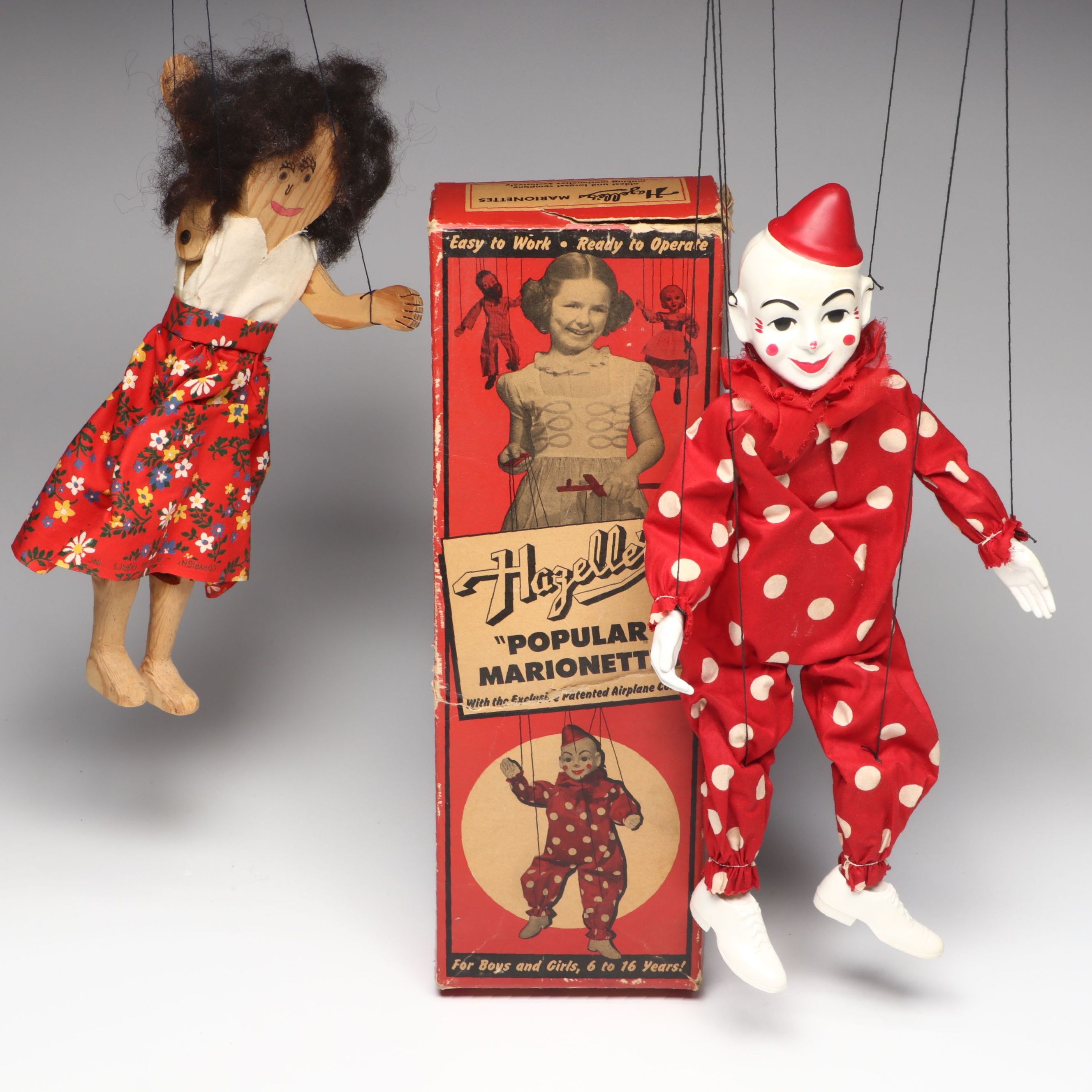 Hazelle's Clown Plastic Marionette with Other Vintage Handmade Wood Marionette