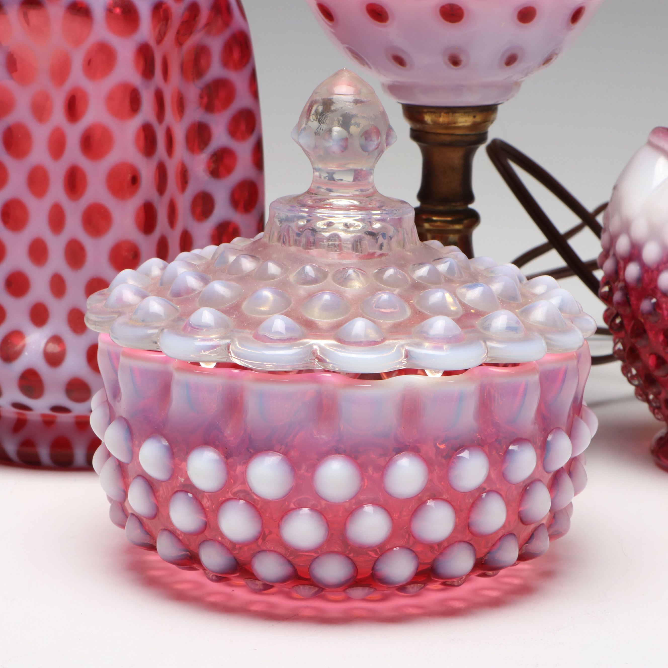 Fenton "Coin Dot Cranberry" Vase and Table Lamp with More Fenton Glassware