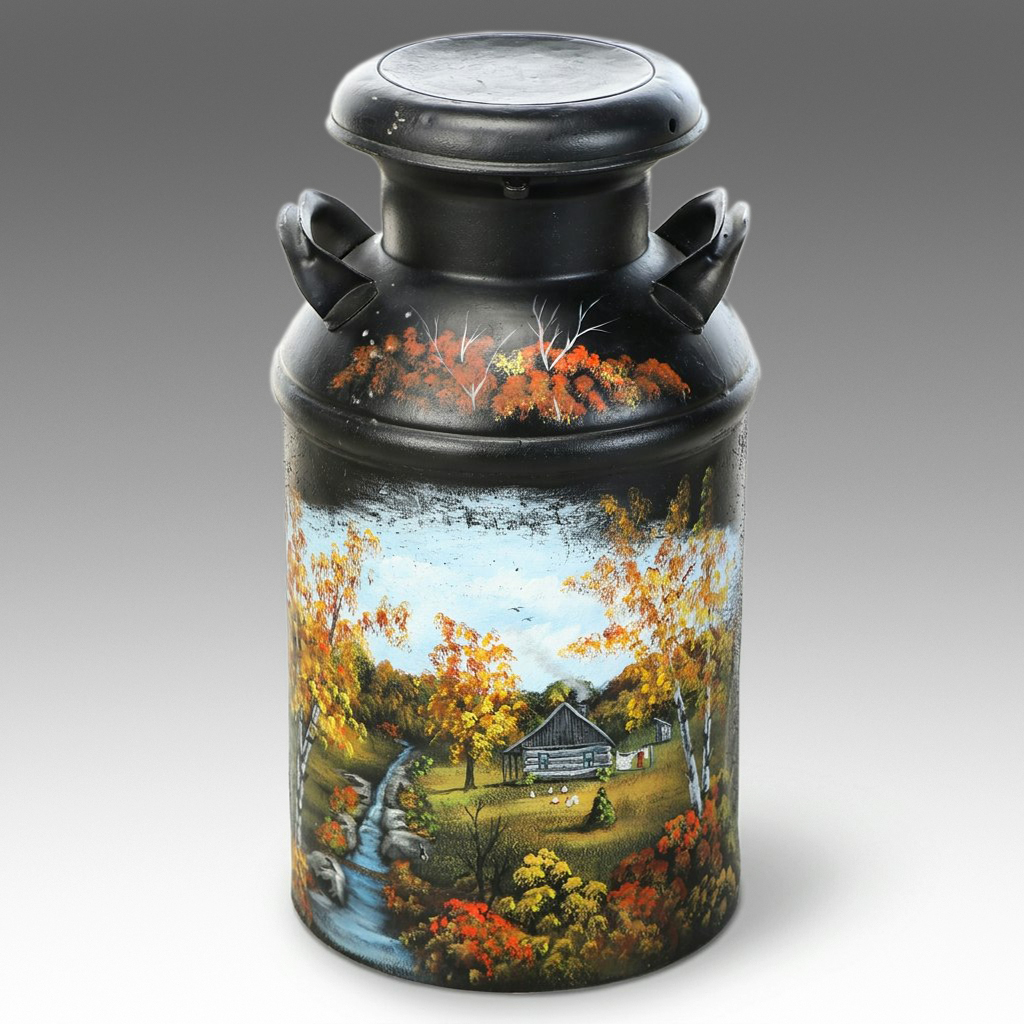 Hand-Painted Pastoral Winter and Fall Scene Milk Jug, 20th Century