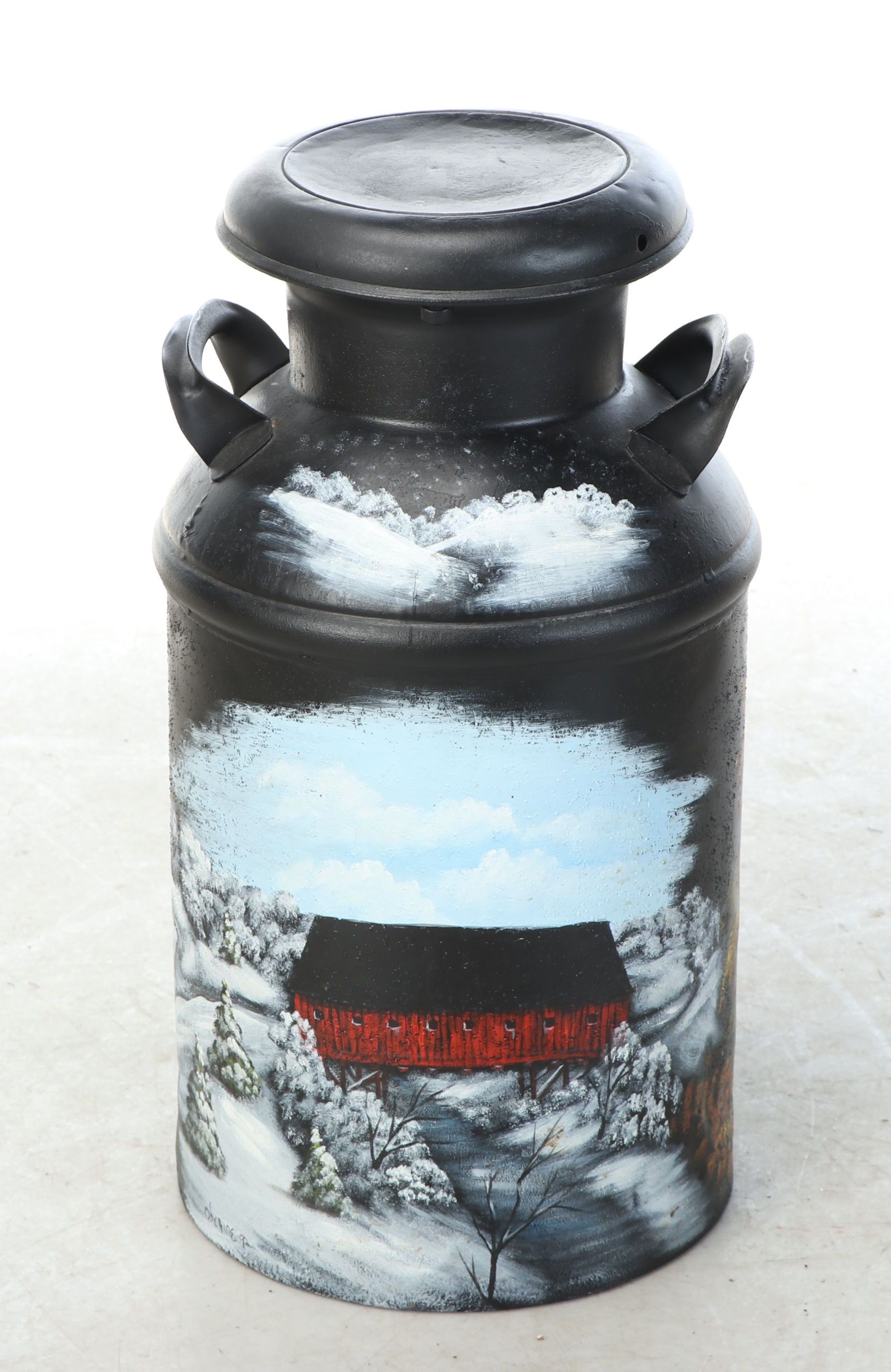 Hand-Painted Pastoral Winter and Fall Scene Milk Jug, 20th Century