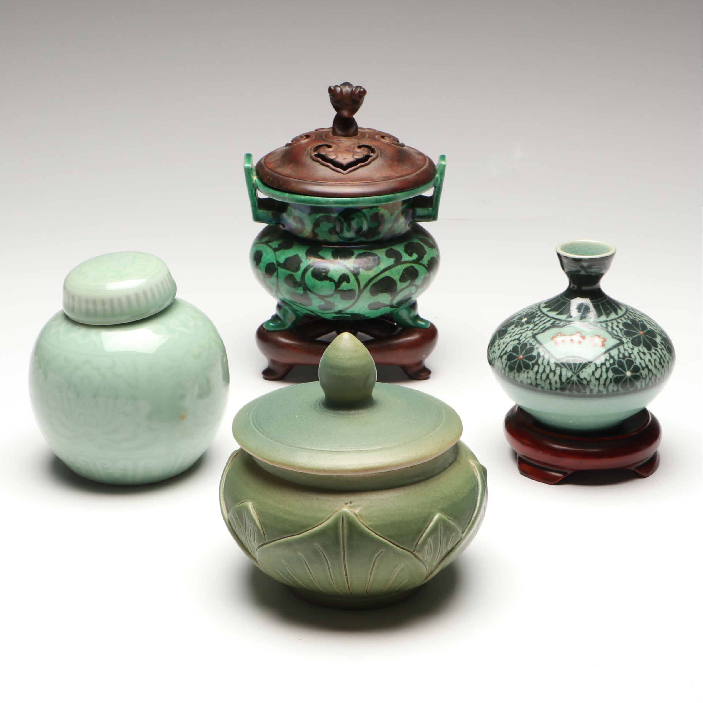 East Asian Celadon Glaze Porcelain Ginger Jar with Other Ceramic Table Décor
