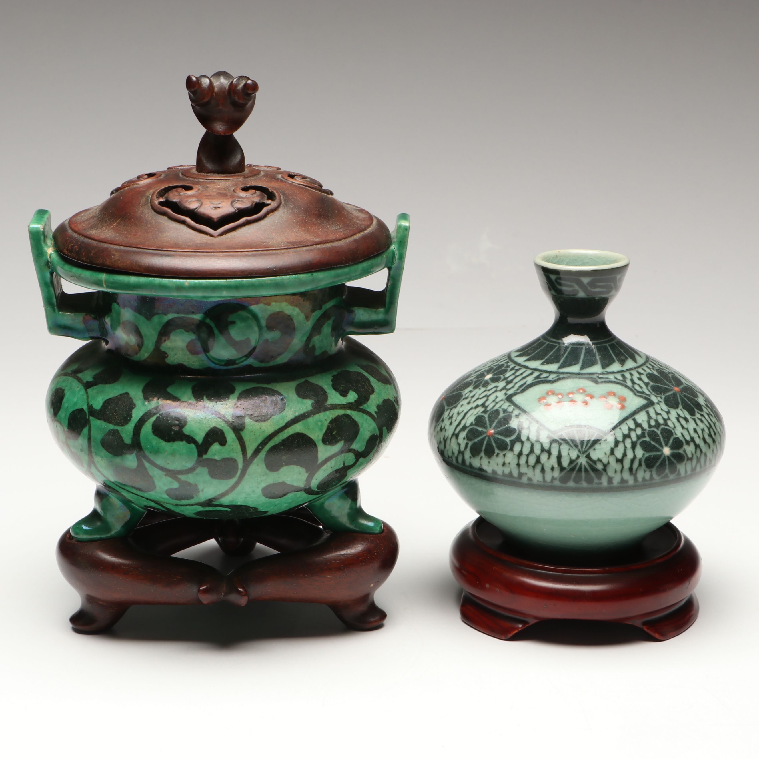 East Asian Celadon Glaze Porcelain Ginger Jar with Other Ceramic Table Décor