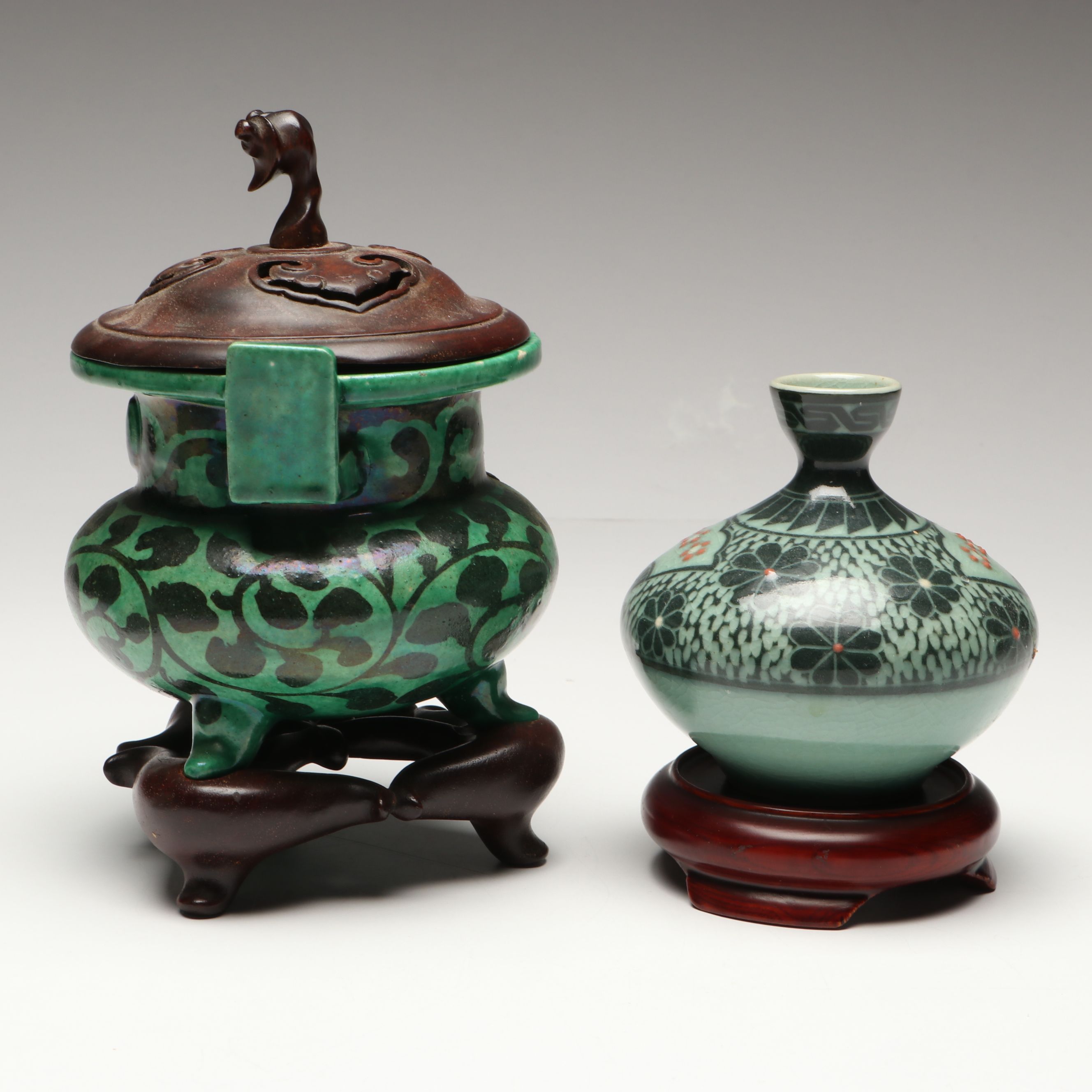 East Asian Celadon Glaze Porcelain Ginger Jar with Other Ceramic Table Décor