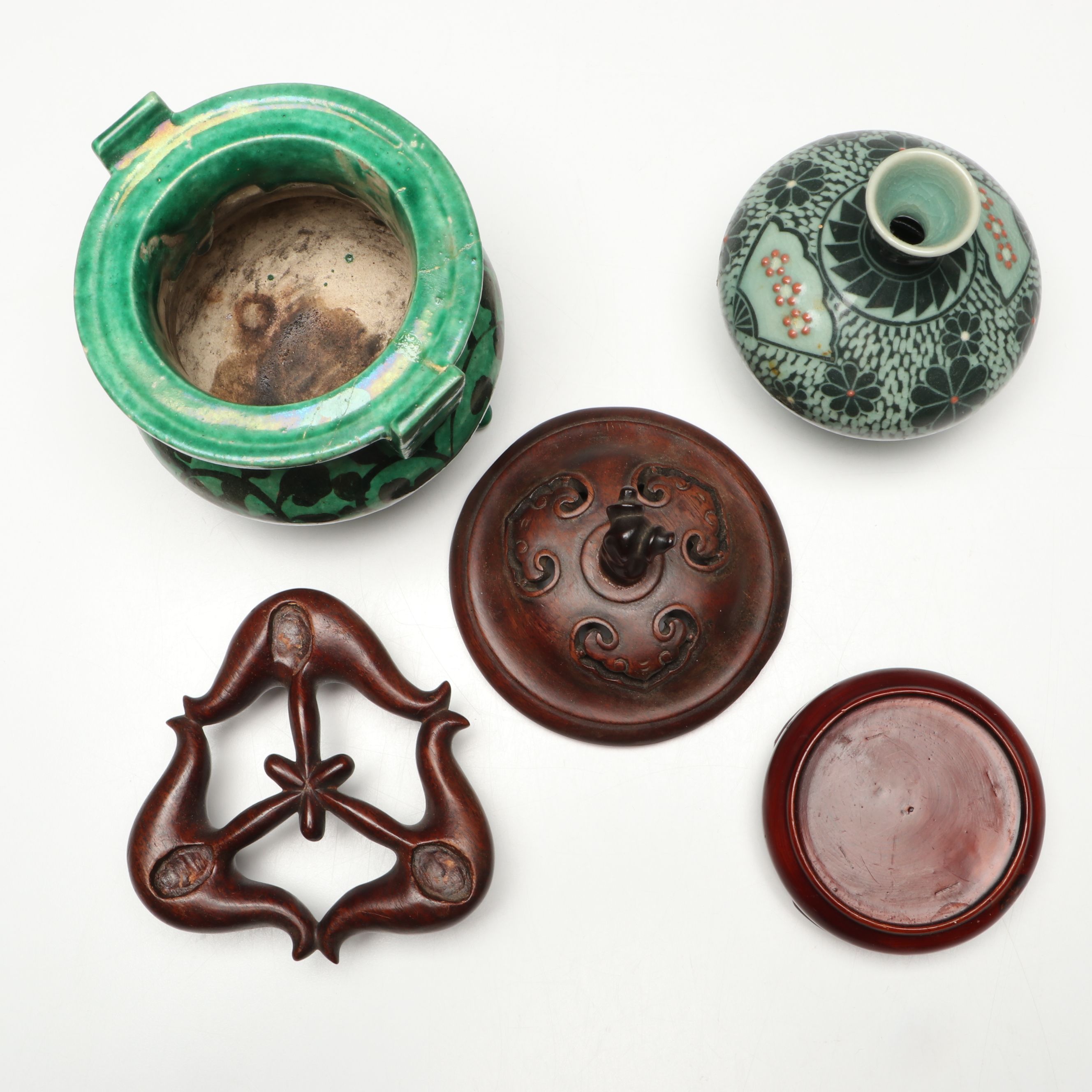 East Asian Celadon Glaze Porcelain Ginger Jar with Other Ceramic Table Décor