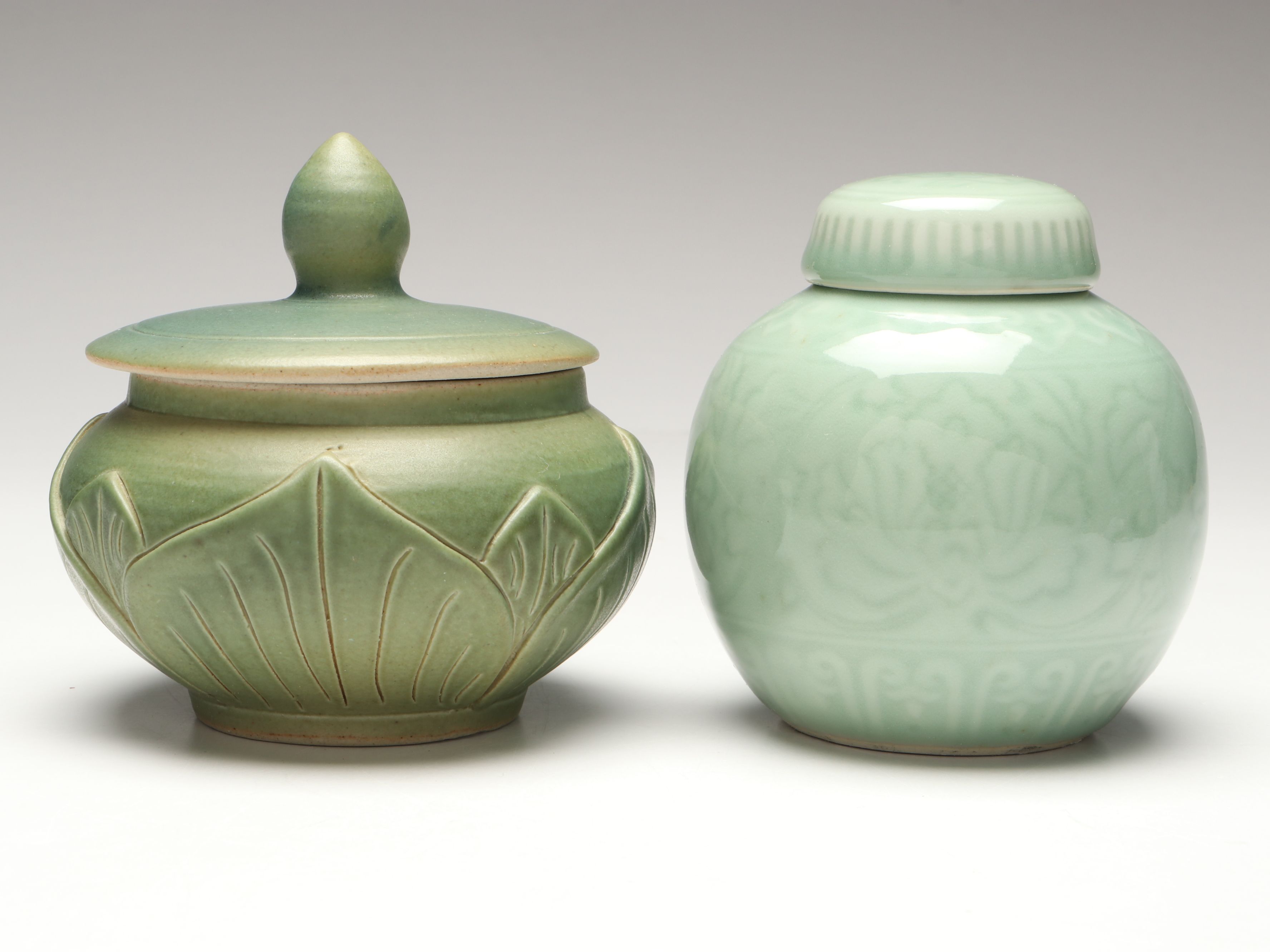 East Asian Celadon Glaze Porcelain Ginger Jar with Other Ceramic Table Décor