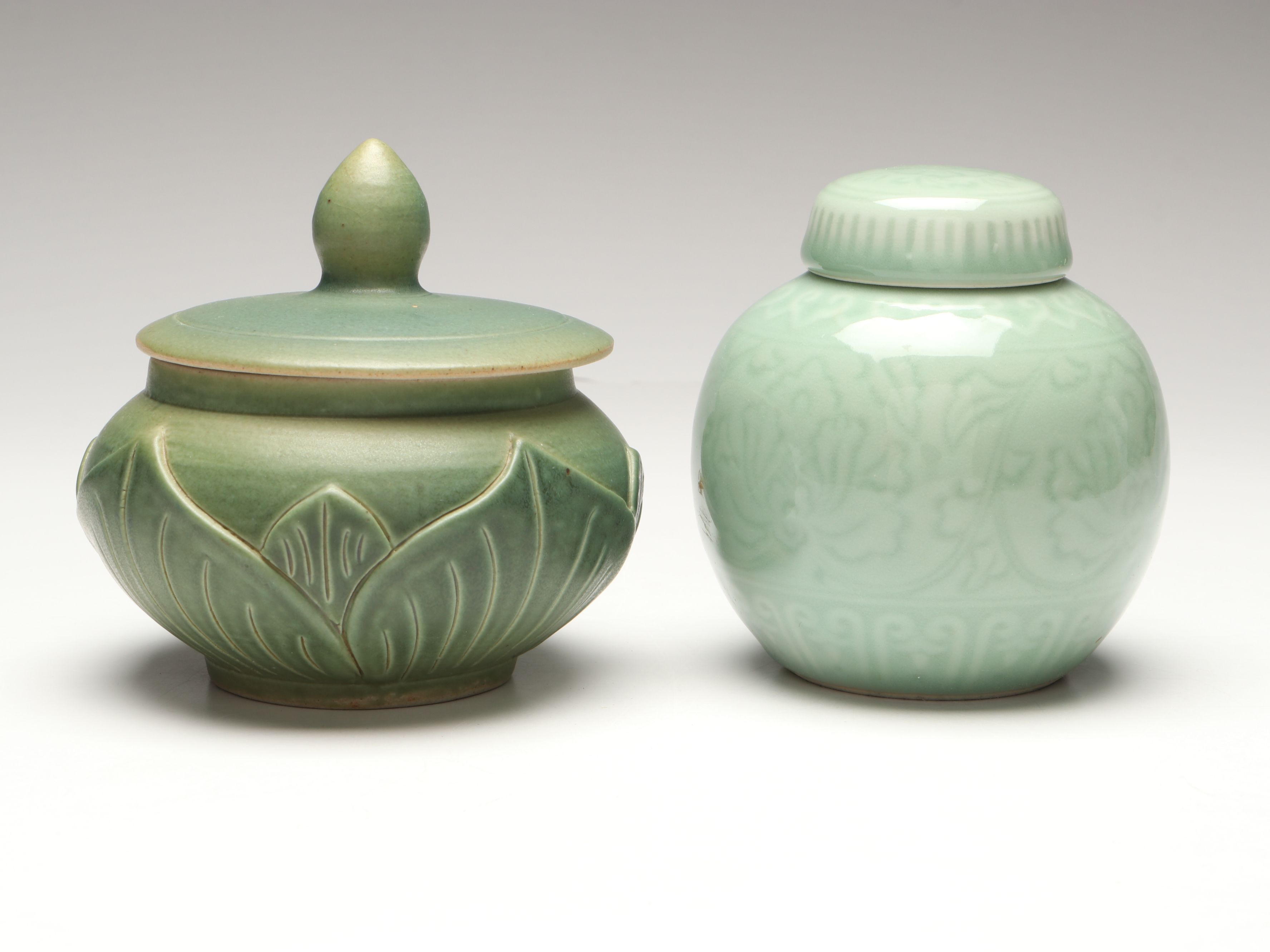 East Asian Celadon Glaze Porcelain Ginger Jar with Other Ceramic Table Décor
