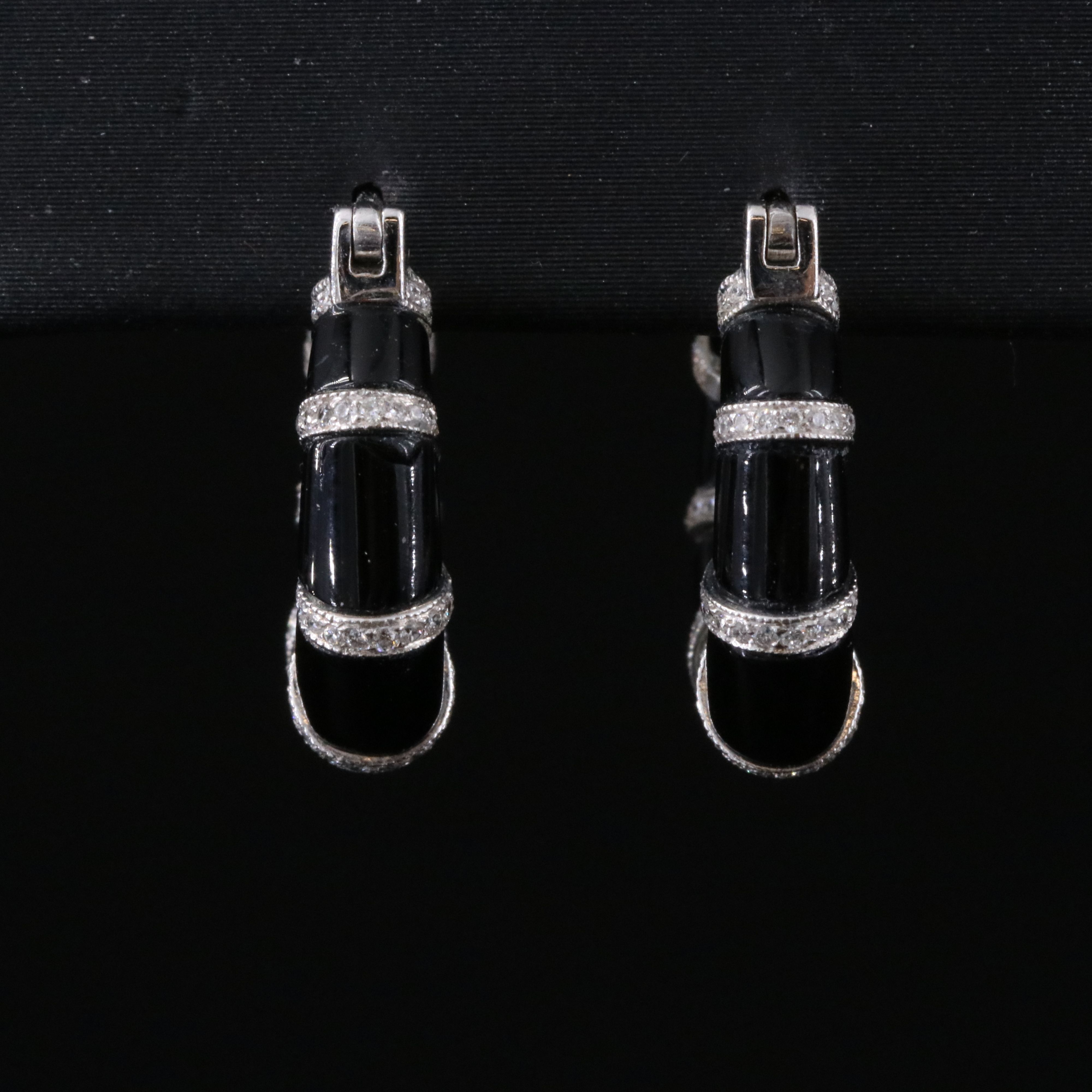 18K Banded Black Onyx and Diamond Hoop Earrings